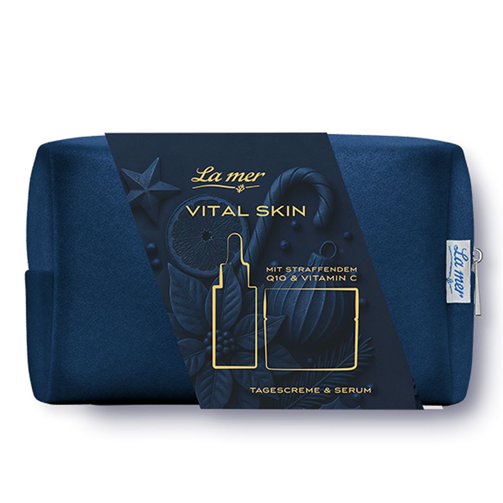 La Mer Kosmetiktasche in Dunkelblau mit weihnachtlichem Aufdruck für Tagescreme und Serum.