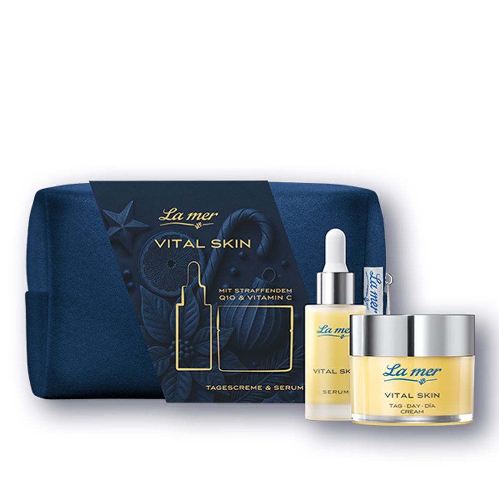 La Mer Vital Skin Set mit Tagescreme und Serum in einem blauen Kosmetikbeutel.