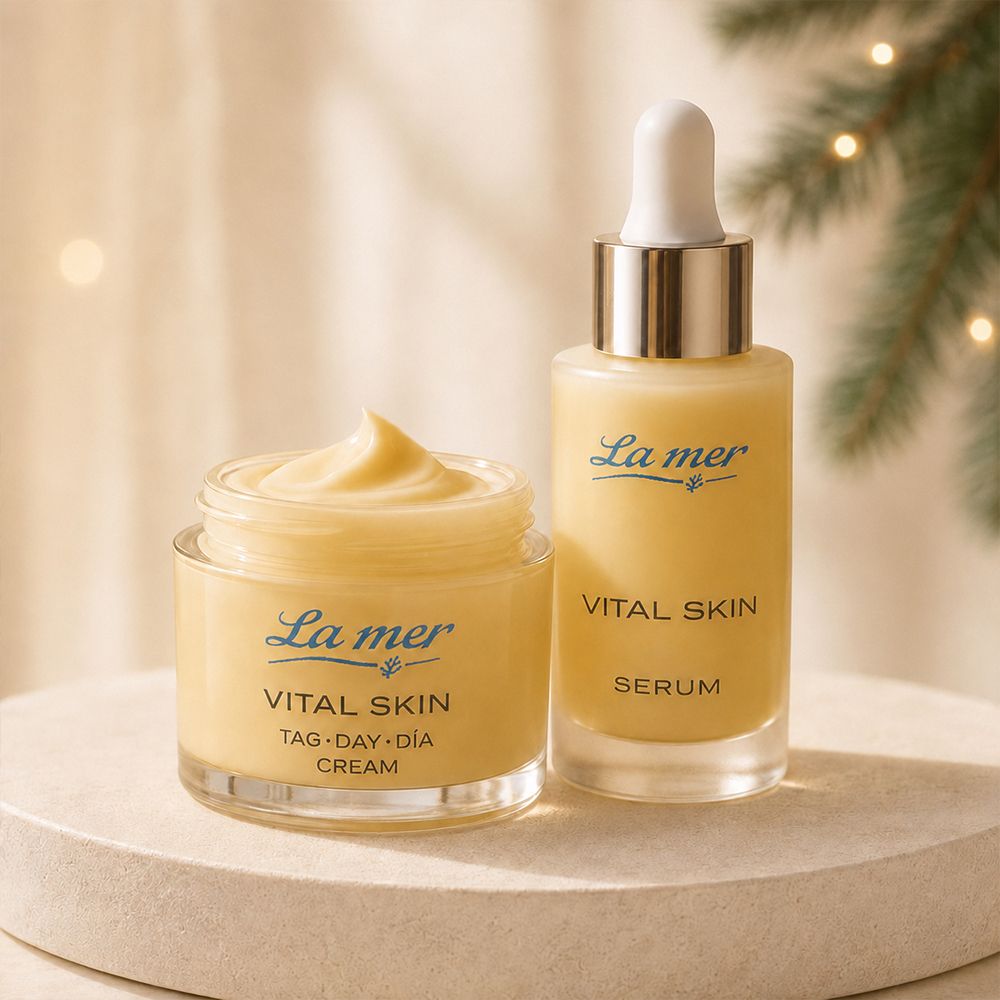 La mer Vital Skin Tag-Day-Cream und Vital Skin Serum in gelber Verpackung.