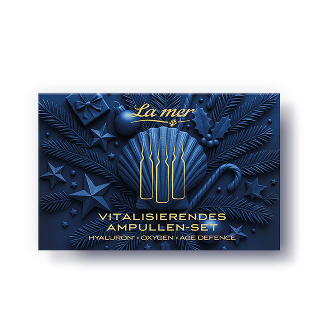 La Mer Vitalisierendes Ampullen-Set mit drei Ampullen in einer Geschenkbox mit winterlichen Motiven.
