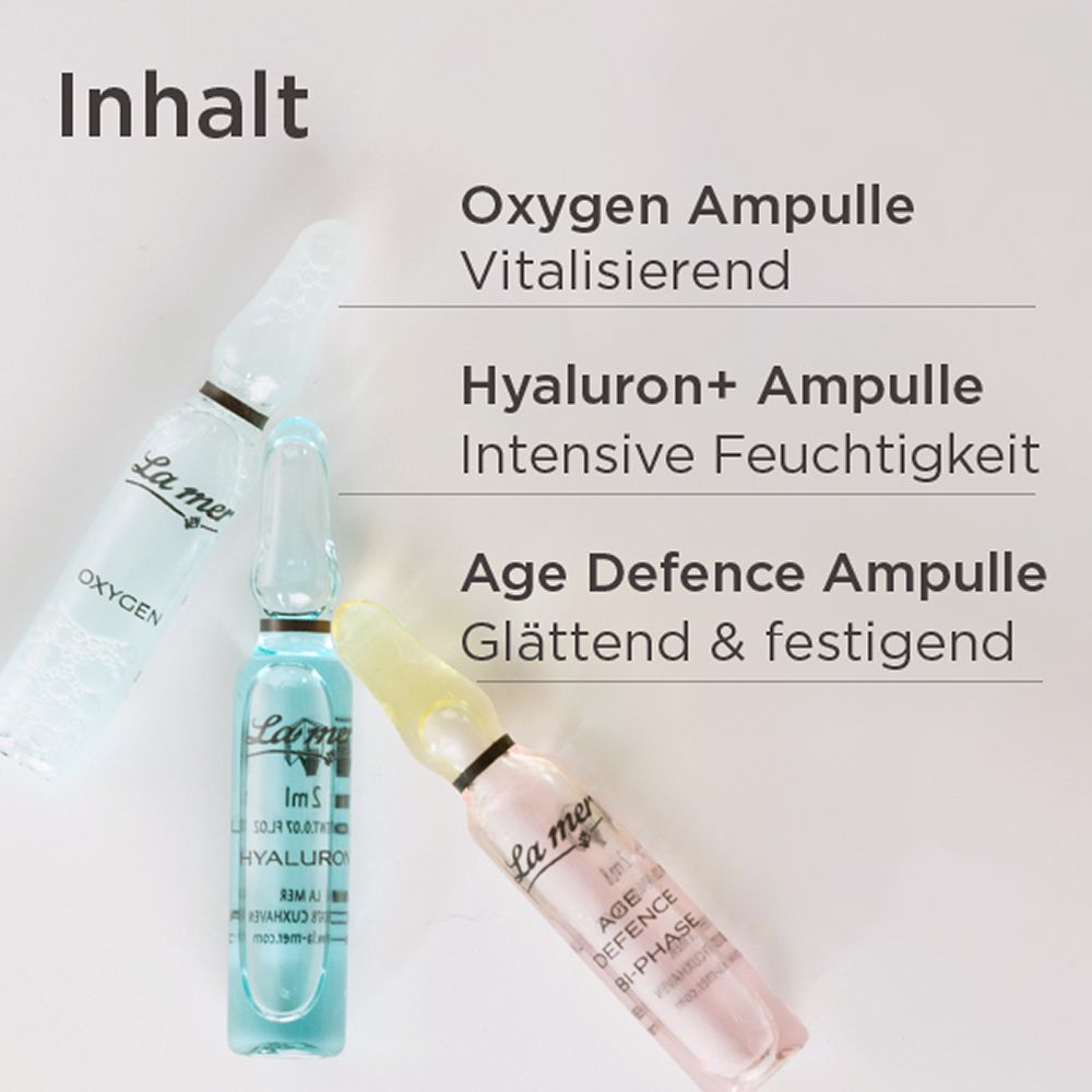 Drei La mer Ampullen: Oxygen, Hyaluron+ und Age Defence in Glasampullen.