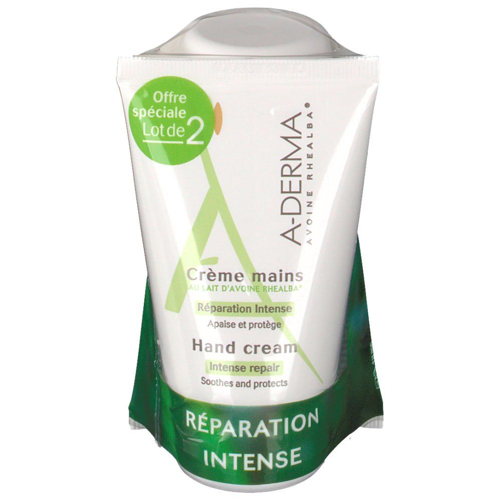 Handcreme in Doppelpackung. Tube mit A-DERMA-Logo und Schriftzug 'Crème mains'. Verpackung mit grünem Akzent und 'Réparation Intense'.
