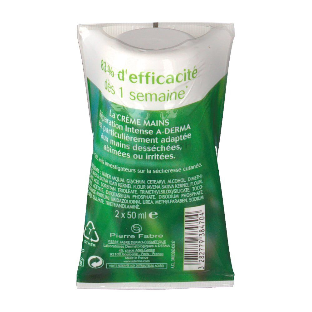 Rückseite der Handcreme-Verpackung. Text mit Inhaltsstoffen und Informationen. Logo von Pierre Fabre. Zwei Tuben mit 50 ml.