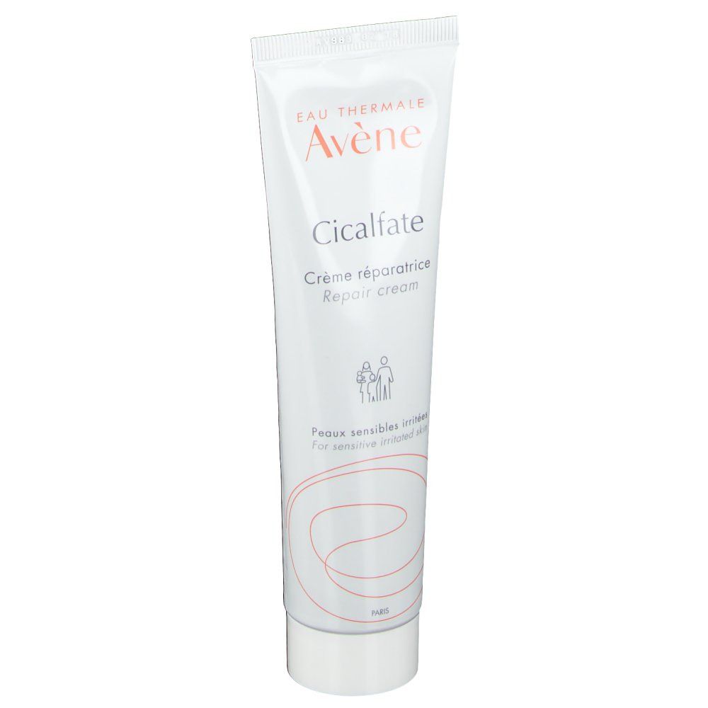 Tube blanc "Avène Cicalfate Crème réparatrice". Illustration de personnes et texte pour peaux sensibles et irritées.