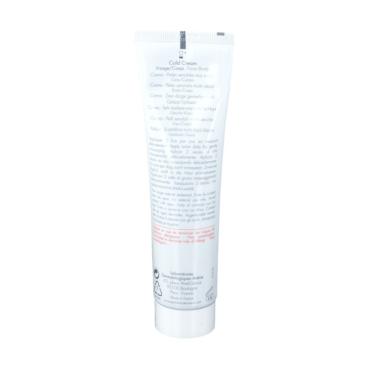 Rückseite der Avene Cold Cream Tube. Text, Inhaltsstoffe, Herstellerinformationen. Weißer Hintergrund.