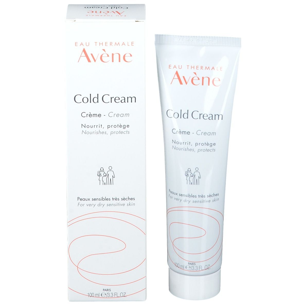Avene Cold Cream Tube und Verpackung. Weiß, mit Schriftzug und Logo. Für sehr trockene Haut.