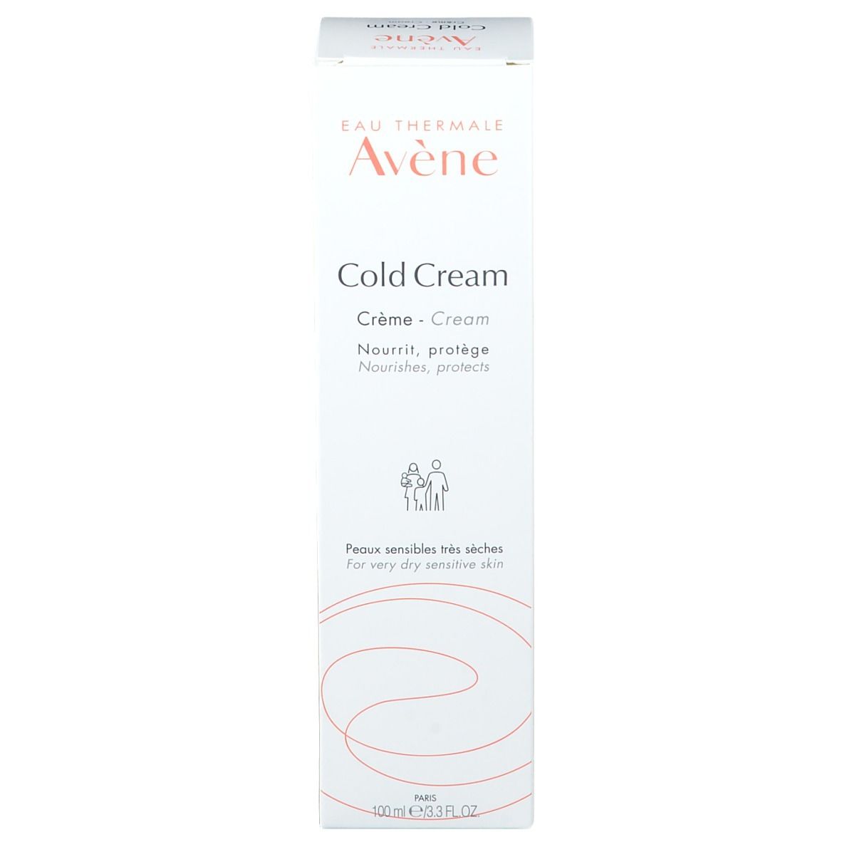 Avene Cold Cream Verpackung. Weiß, mit Schriftzug und Logo. Für sehr trockene Haut. Rechteckig.