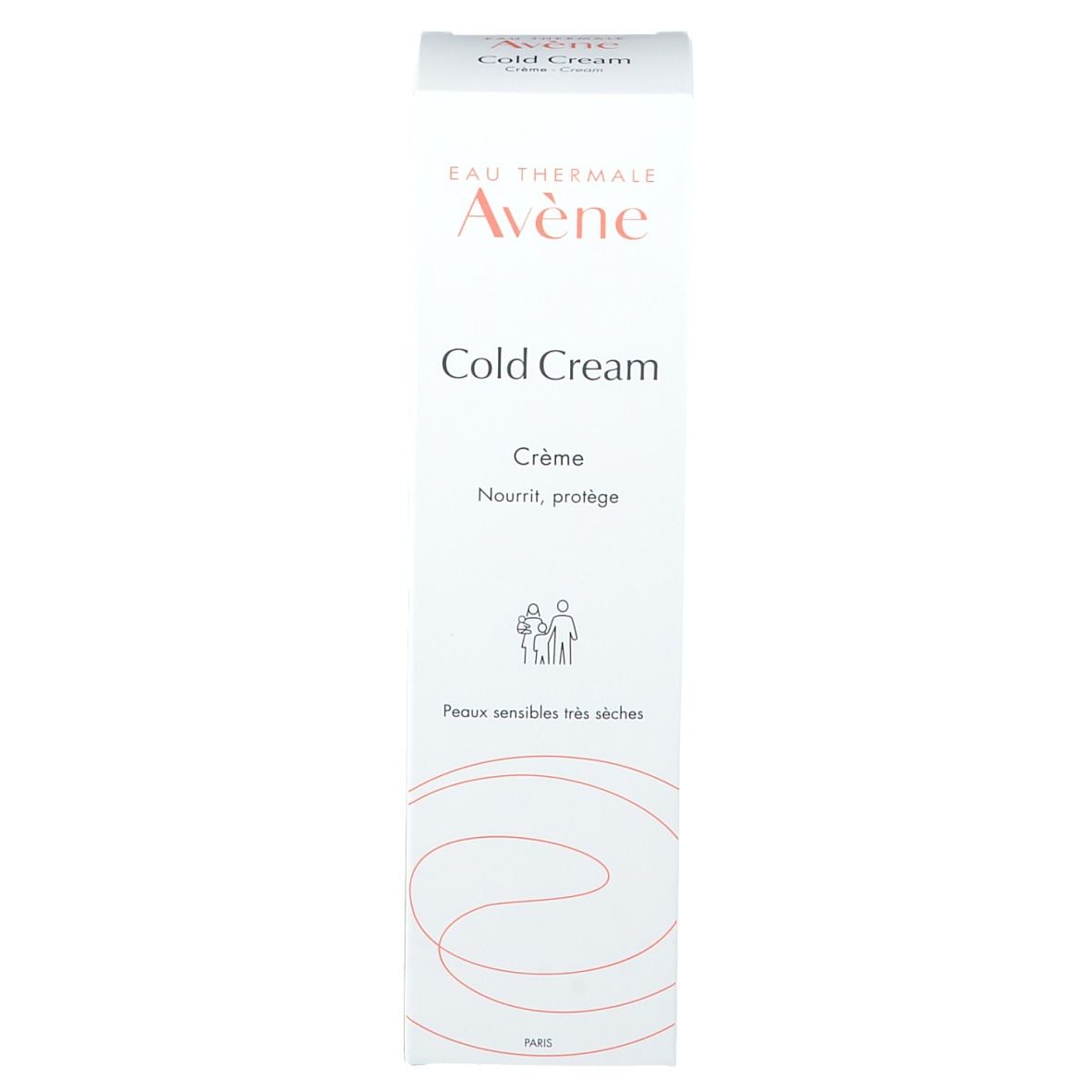 Avene Cold Cream Verpackung. Weiß, mit Schriftzug und Logo. Für sehr trockene Haut. Rechteckig.