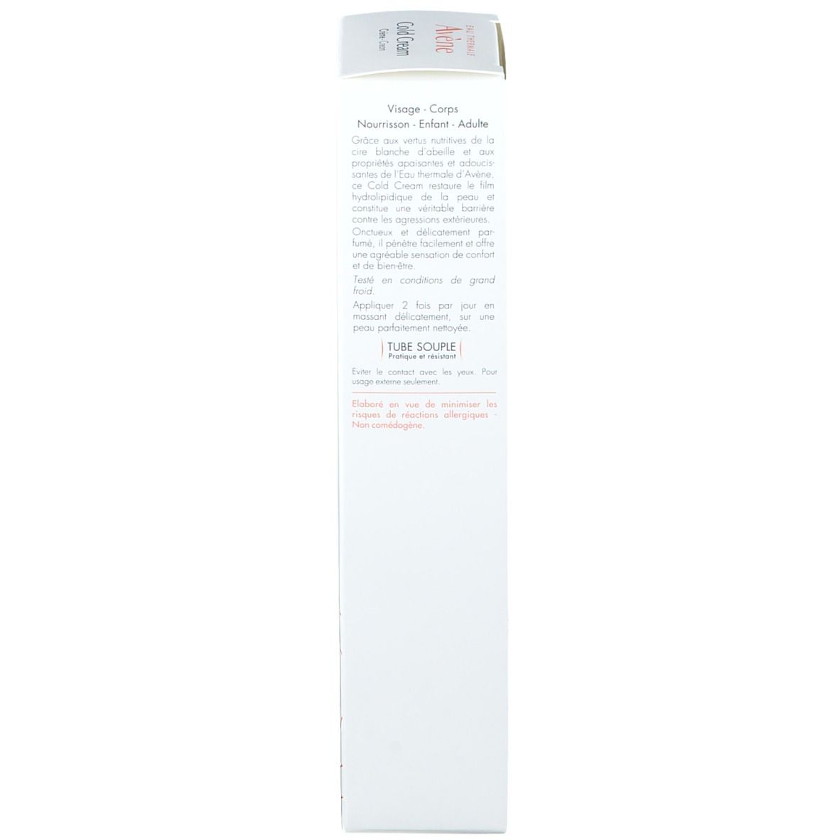 Seite der Avene Cold Cream Verpackung. Text, Inhaltsstoffe, Herstellerinformationen. Weißer Hintergrund.