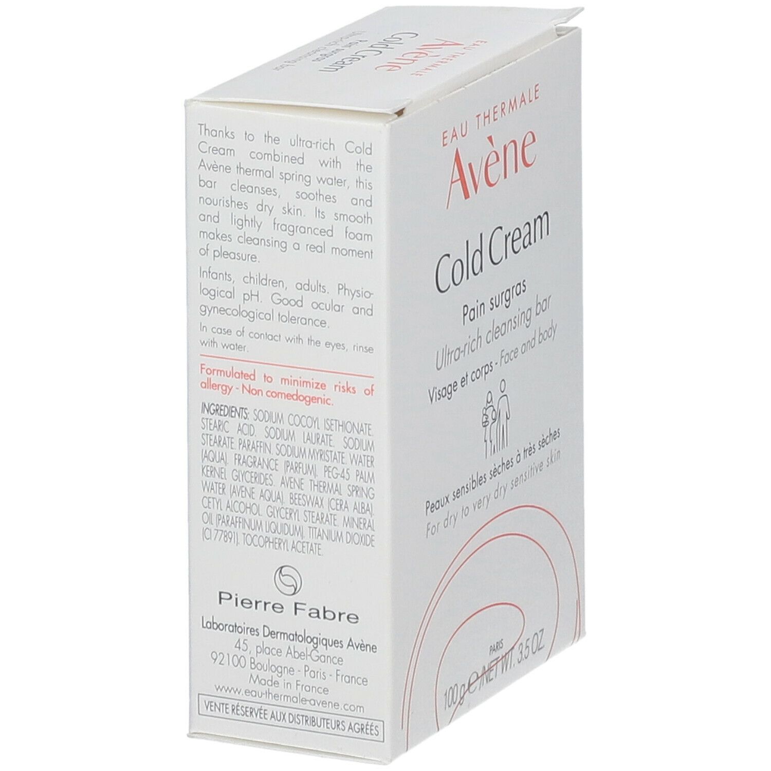 Kartonverpackung mit "Cold Cream" und "Avène" Logo. Text und Inhaltsstoffe.