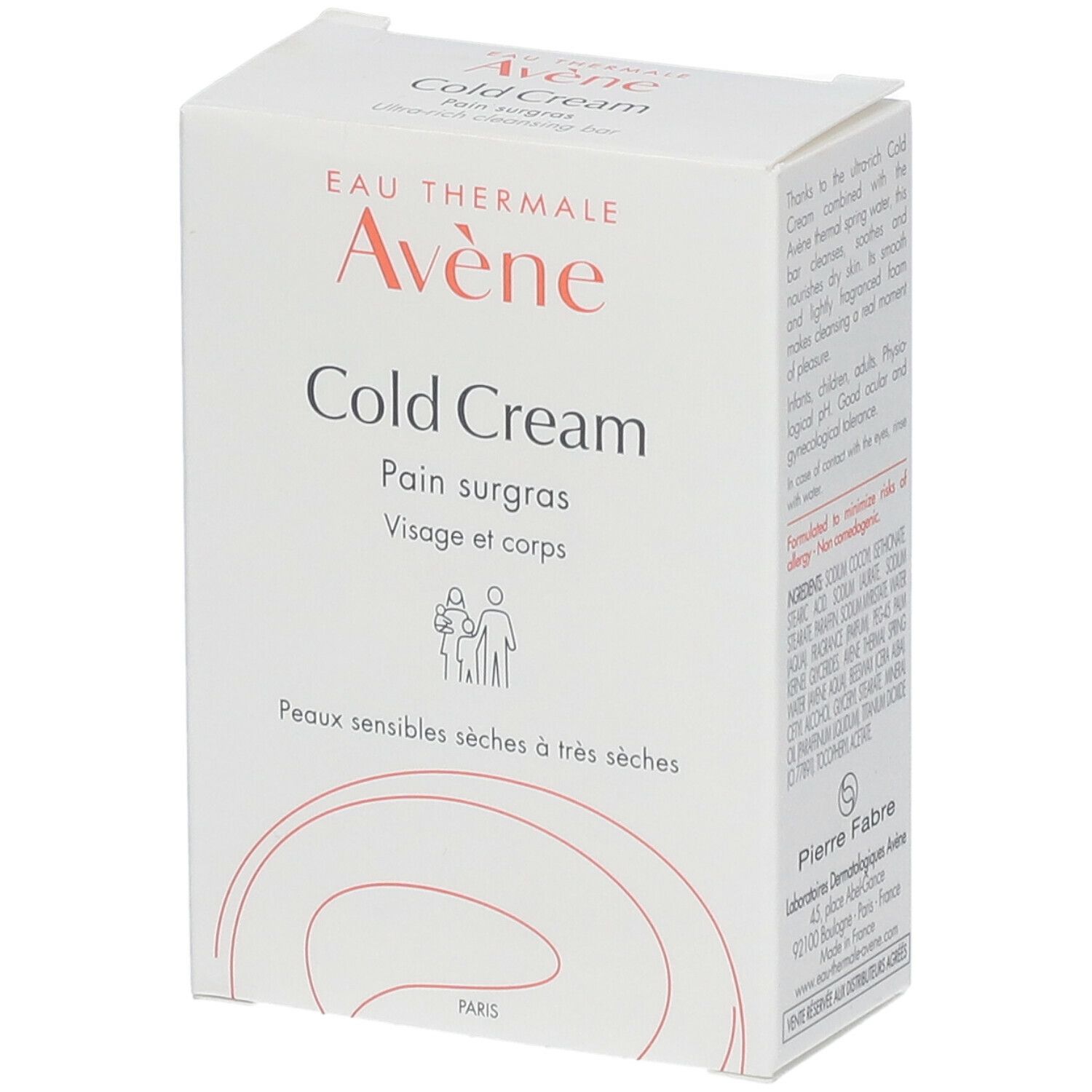 Kartonverpackung mit "Cold Cream" und "Avène" Logo. Text und Inhaltsstoffe.