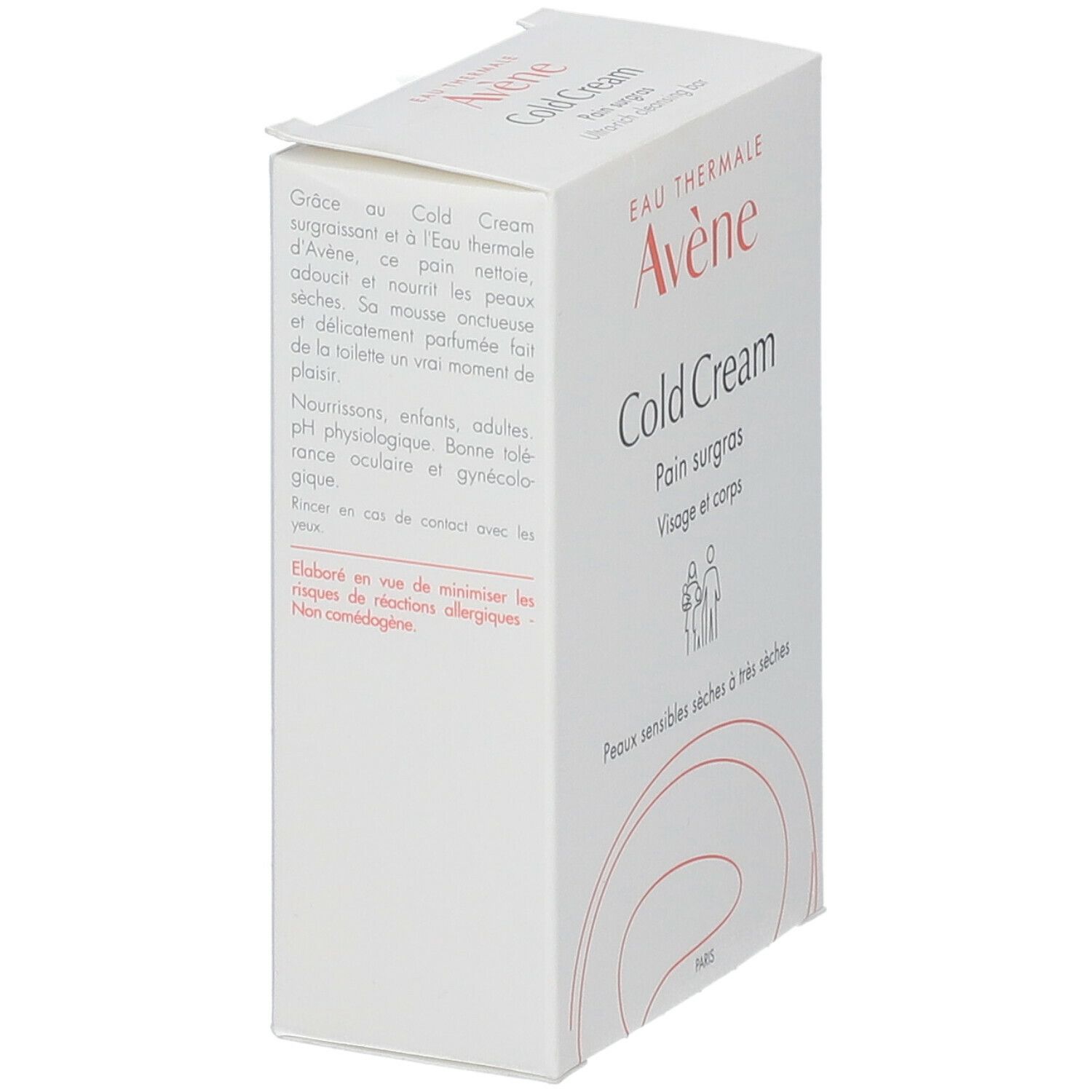 Kartonverpackung mit "Cold Cream" und "Avène" Logo. Text und Inhaltsstoffe.