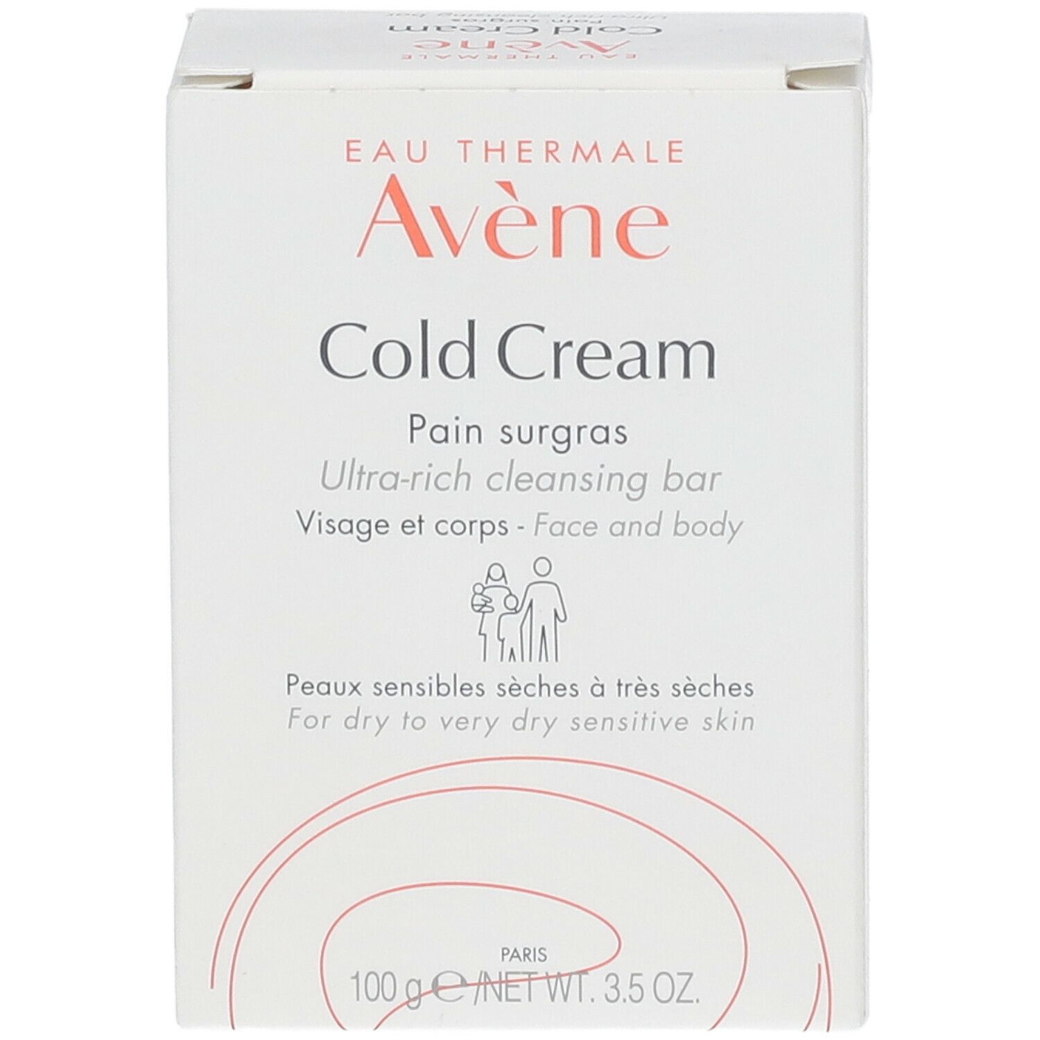 Weiße Kartonverpackung mit "Cold Cream" und "Avène" Logo. Text und Illustration.
