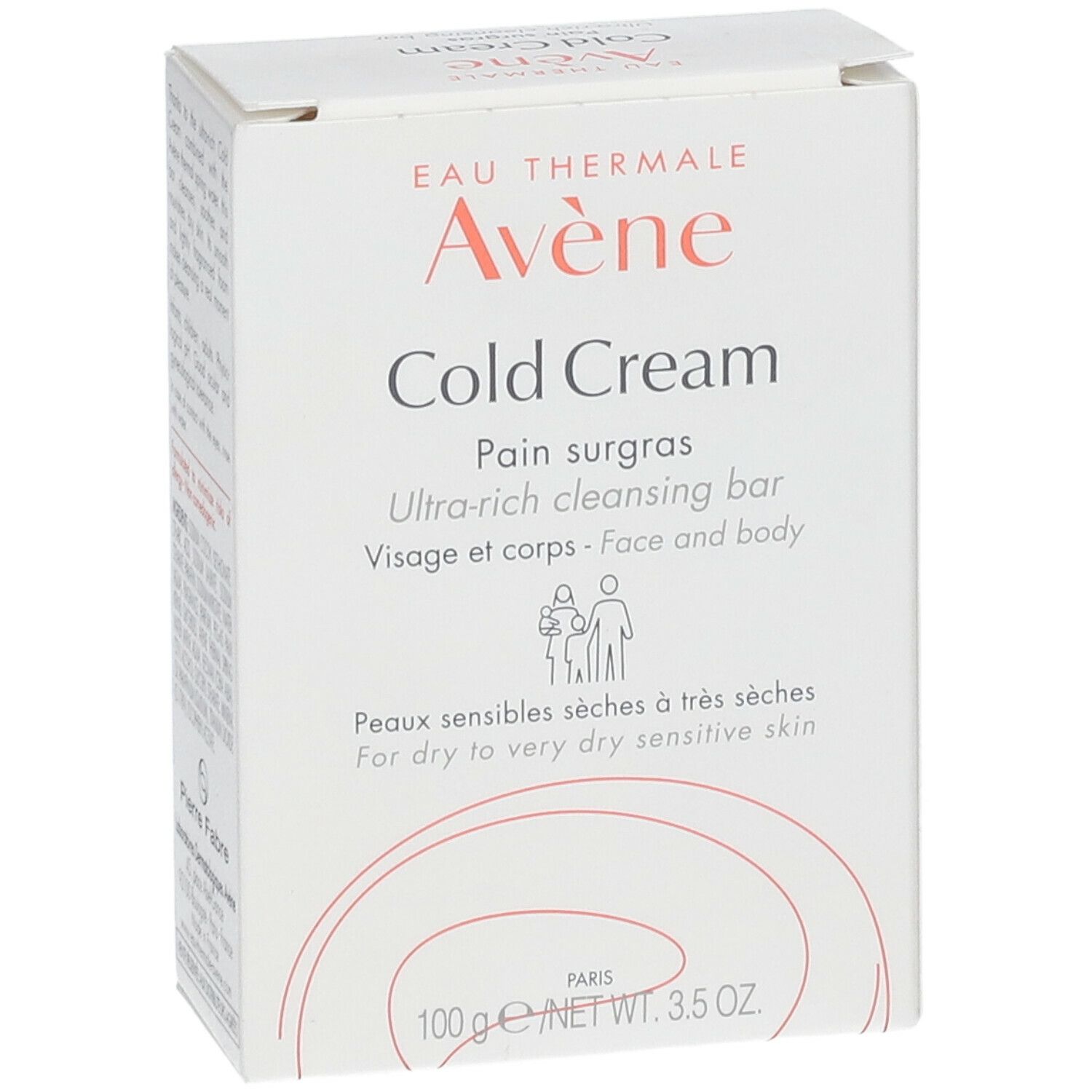 Weiße Kartonverpackung mit "Cold Cream" und "Avène" Logo. Text und Illustration.