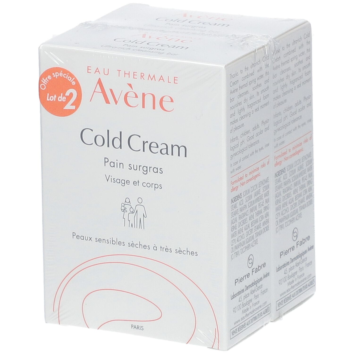 Verpackung mit zwei Seifenstücken. Aufdruck: 'Eau Thermale Avène Cold Cream'.