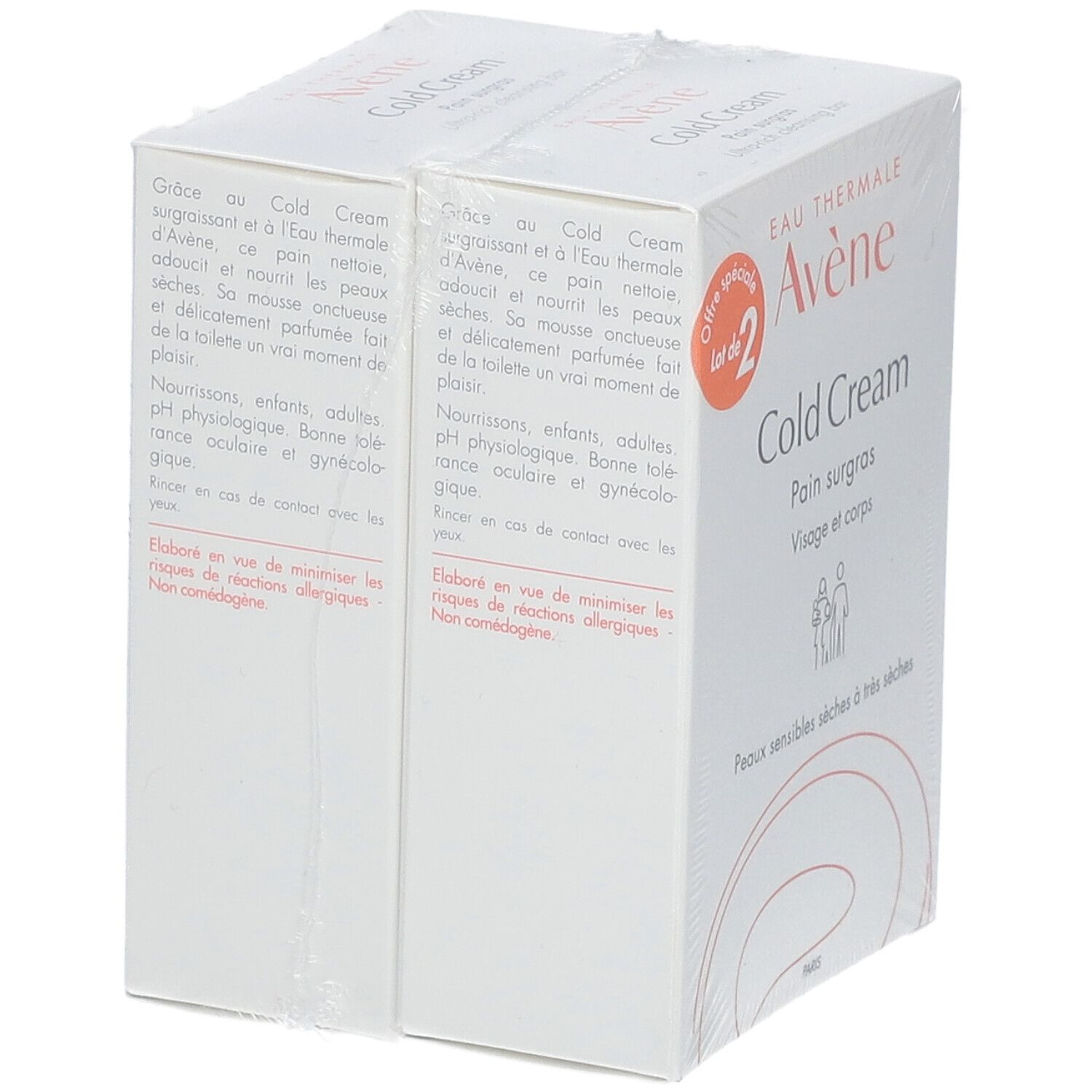 Verpackung mit zwei Seifenstücken. Aufdruck: 'Eau Thermale Avène Cold Cream'.