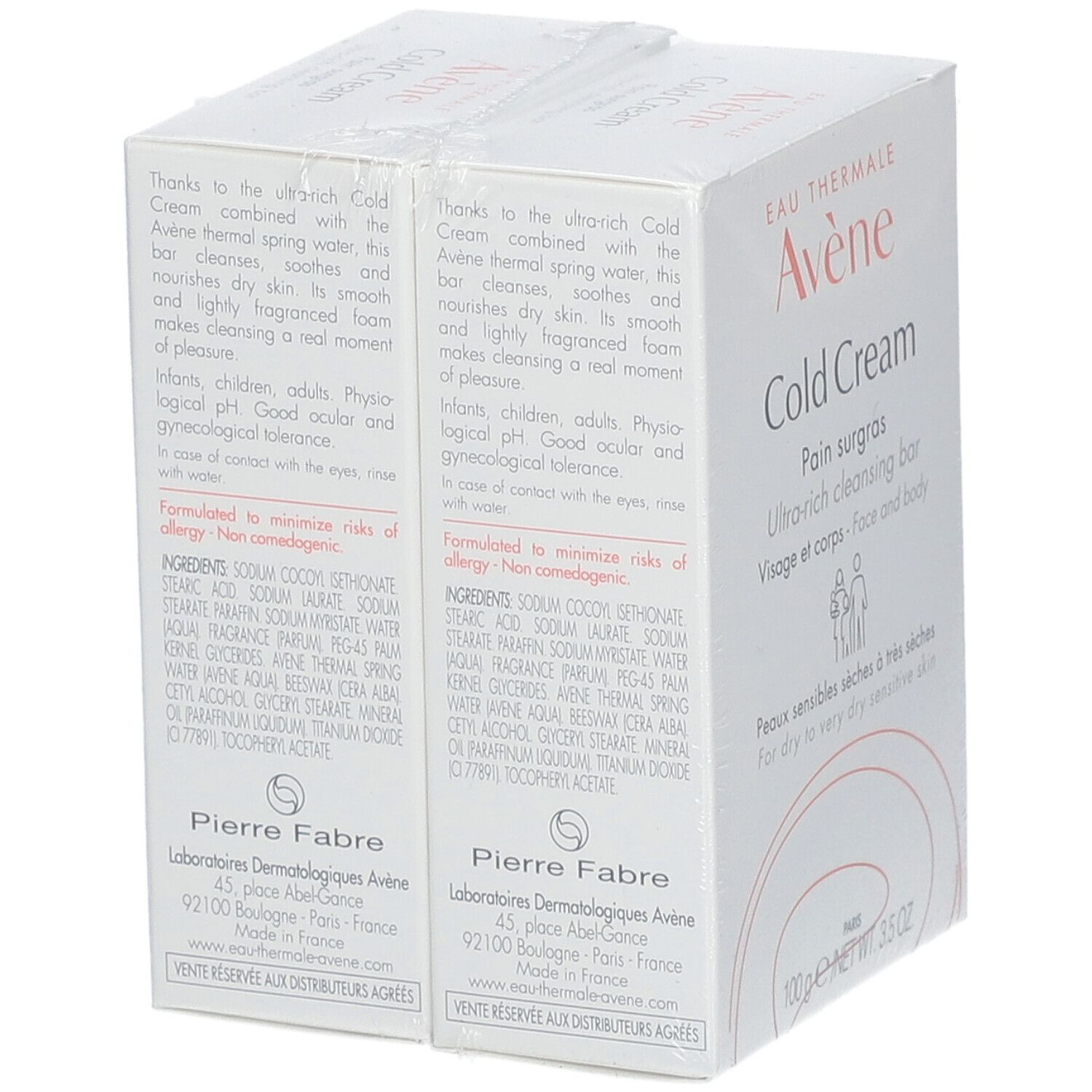 Verpackung mit zwei Seifenstücken. Aufdruck: 'Eau Thermale Avène Cold Cream'.