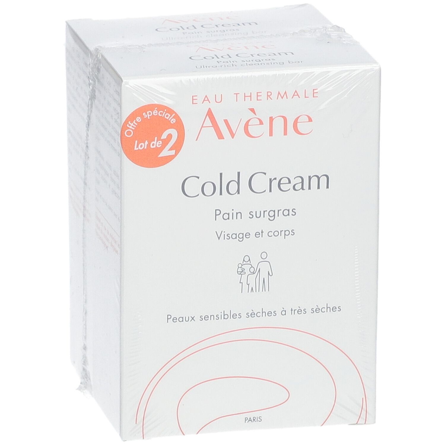 Verpackung mit zwei Seifenstücken. Aufdruck: 'Eau Thermale Avène Cold Cream'.