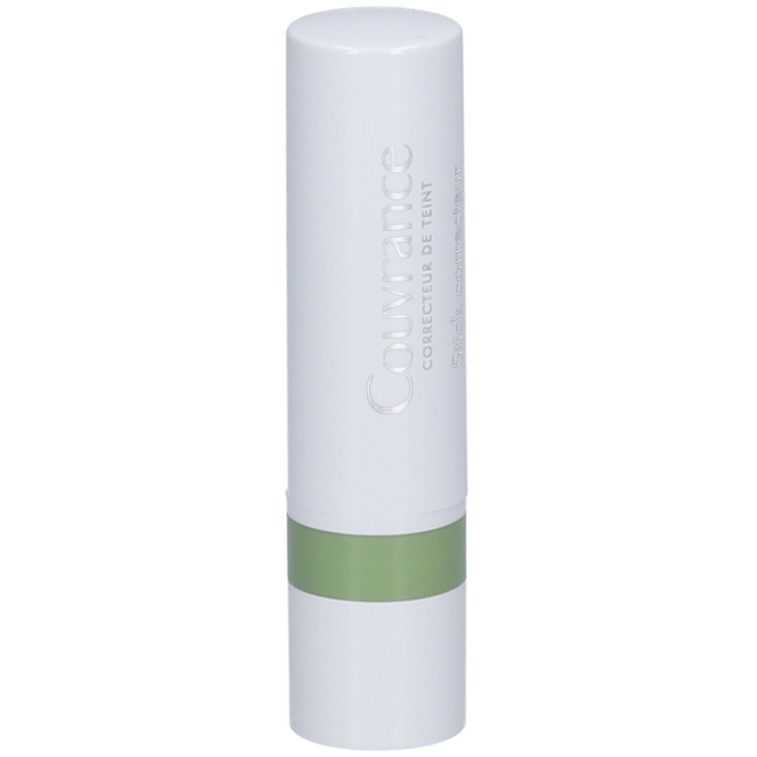 Weißer Korrekturstift mit grünem Band. Aufschrift Couvrance, Stick correcteur.