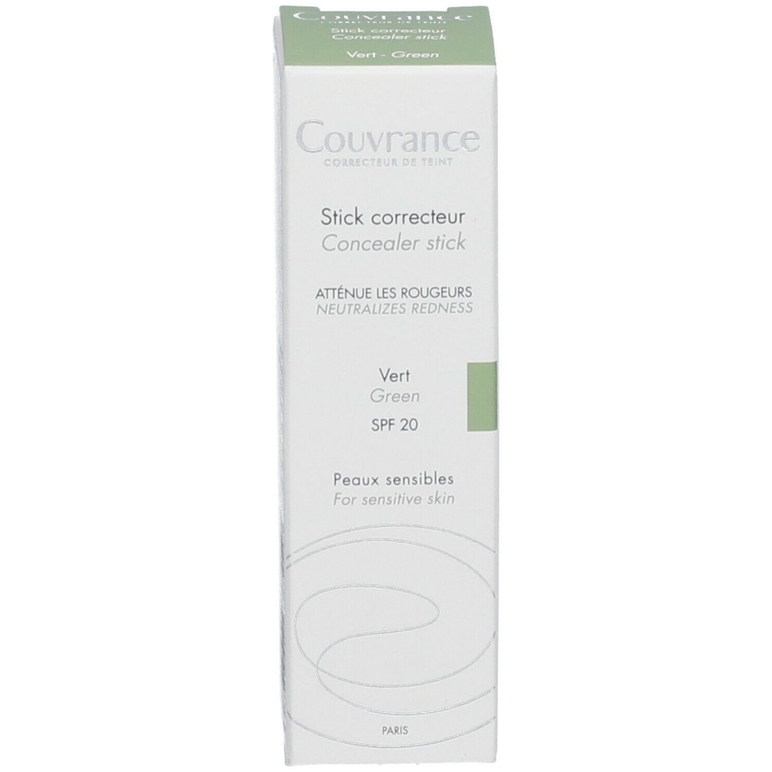 Korrekturstift und Verpackung. Weiß mit grünen Akzenten. Aufschrift Couvrance, Stick correcteur.