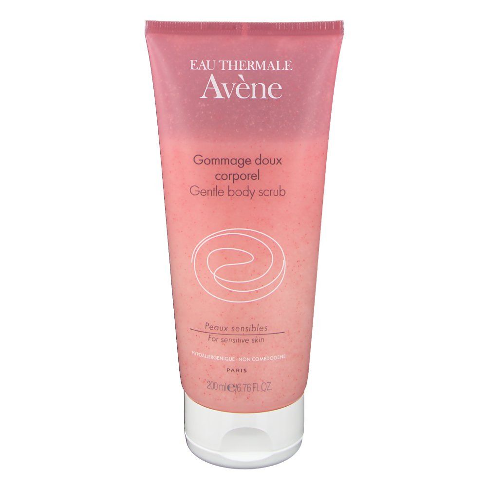 Rosa Tube mit weißem Verschluss. Aufschrift: Eau Thermale Avène, Gommage doux corporel, Gentle body scrub. Für empfindliche Haut.