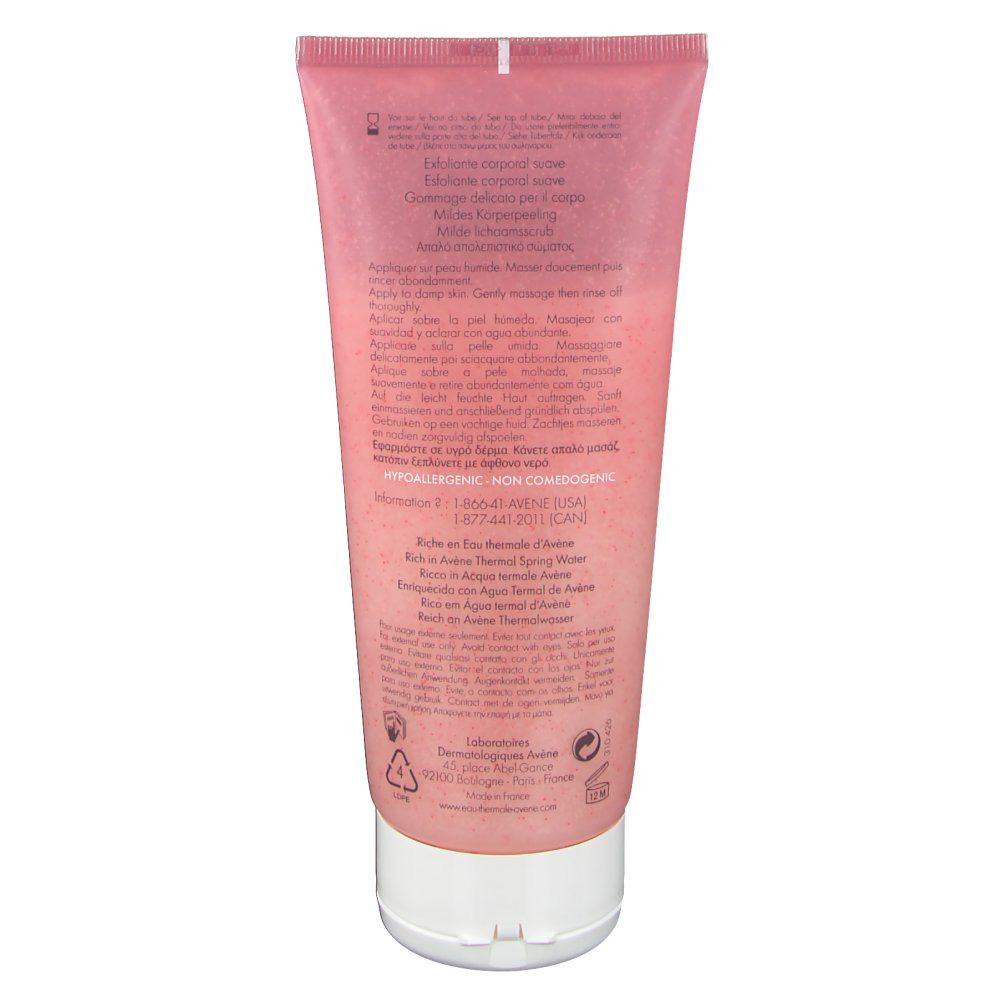 Rückseite einer rosa Tube mit weißem Verschluss. Text in mehreren Sprachen, darunter Französisch und Englisch.