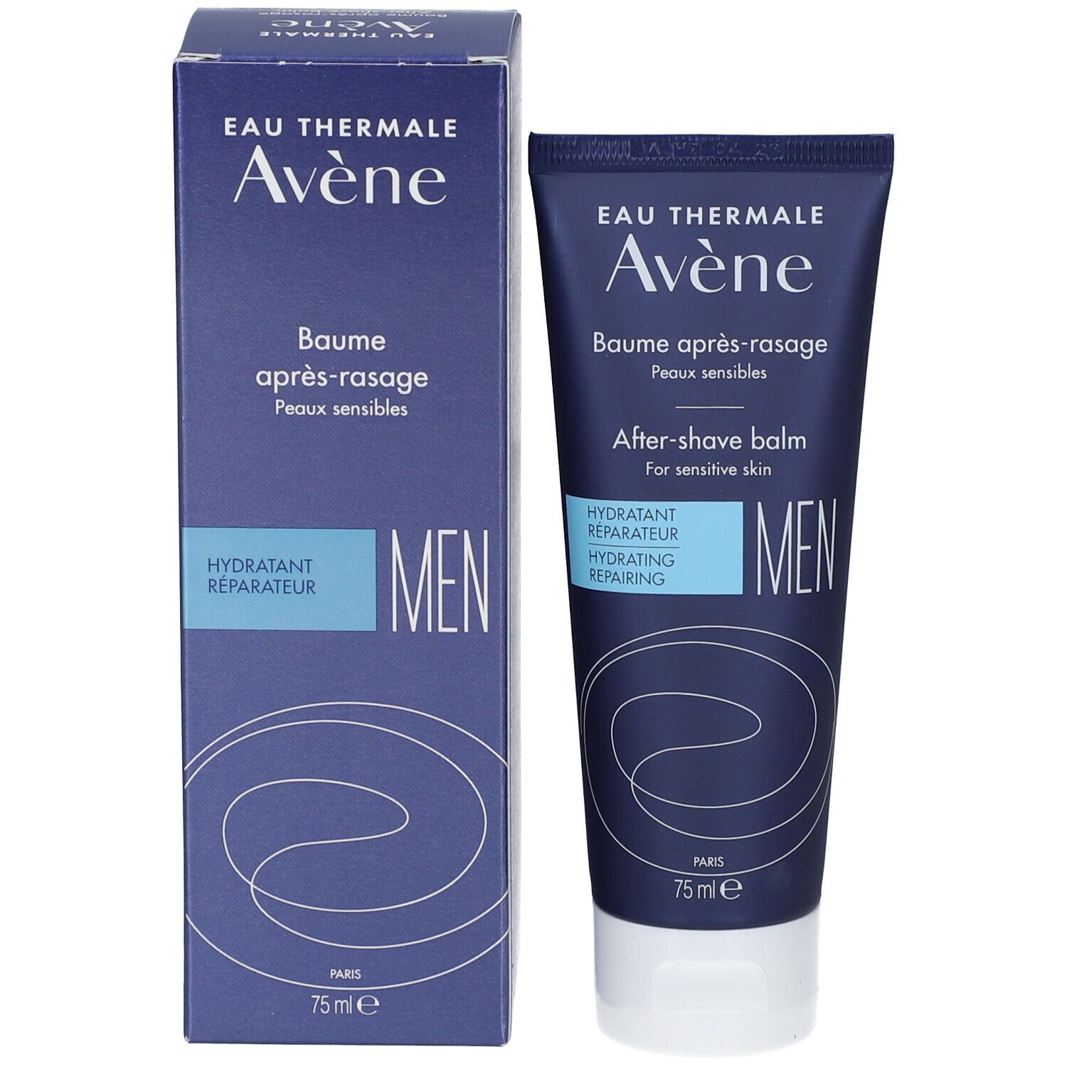 Produit et emballage. Tube et carton. Inscription: Eau Thermale Avène, After-shave balm, MEN.