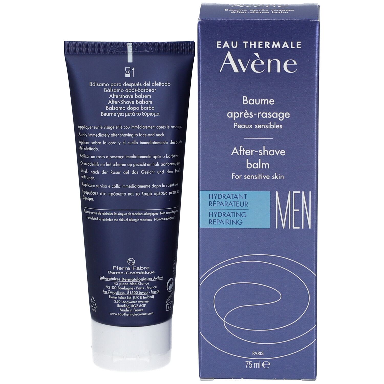 Dos du tube et de l'emballage. Texte multilingue. Informations fabricant.