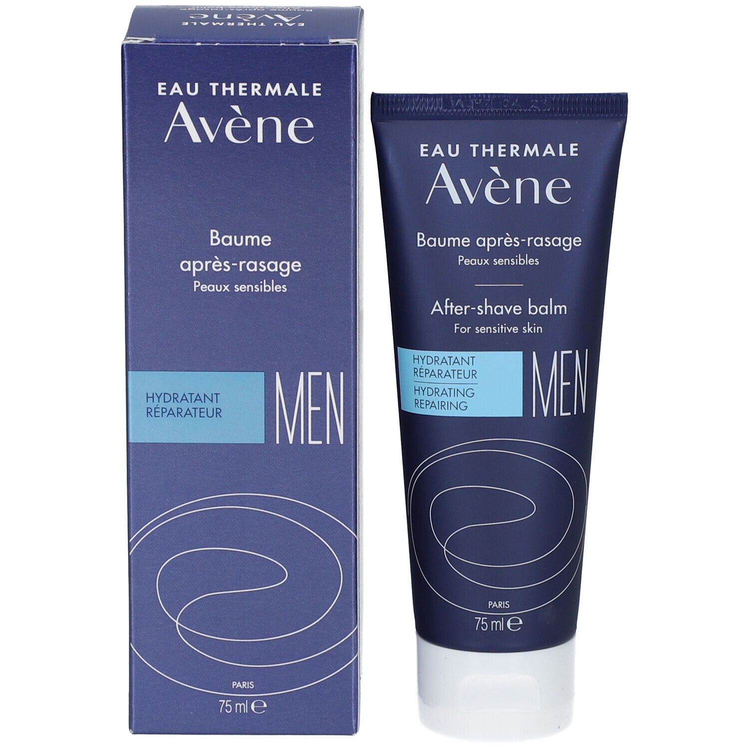 Produit et emballage. Tube et carton. Inscription: Eau Thermale Avène, After-shave balm, MEN.