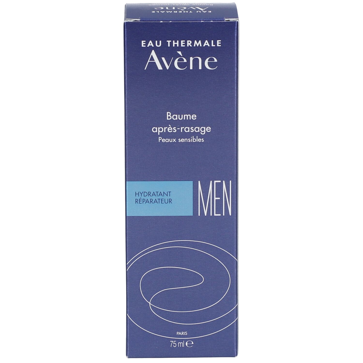 Emballage carton. Inscription: Eau Thermale Avène, After-shave balm, MEN. Couleur bleue.