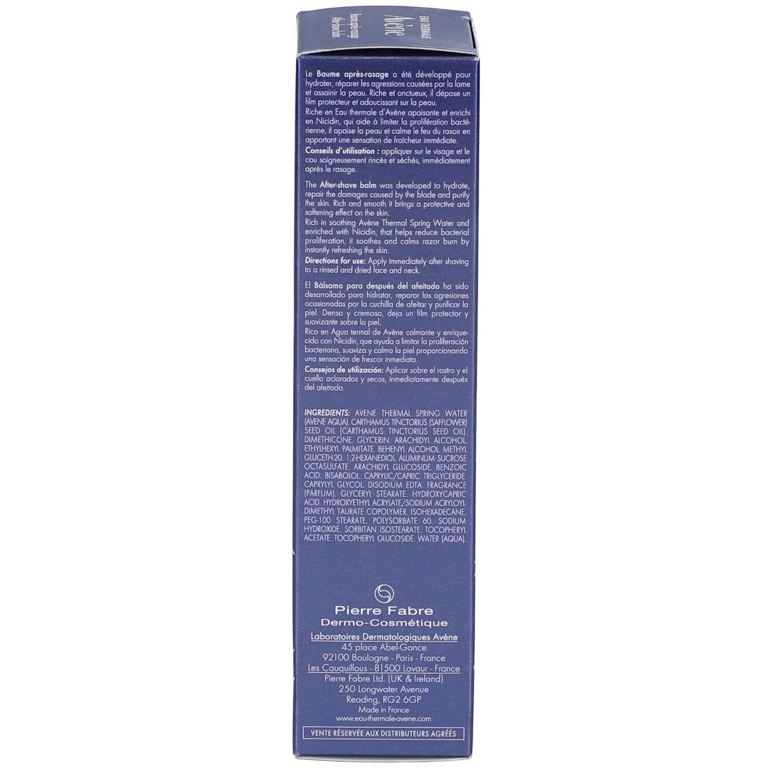 Dos de l'emballage. Texte multilingue. Ingrédients et informations fabricant.