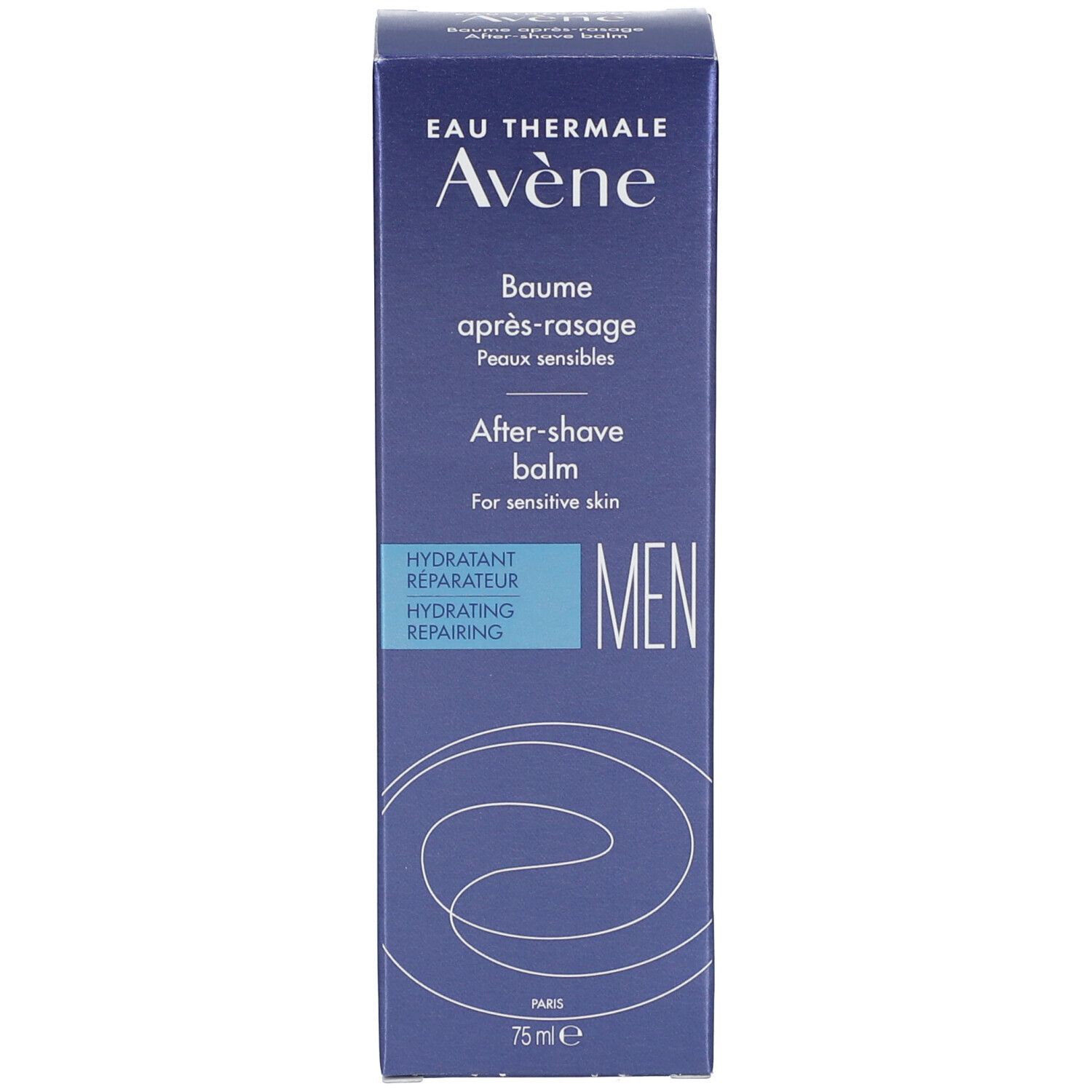 Emballage carton. Inscription: Eau Thermale Avène, After-shave balm, MEN. Couleur bleue.