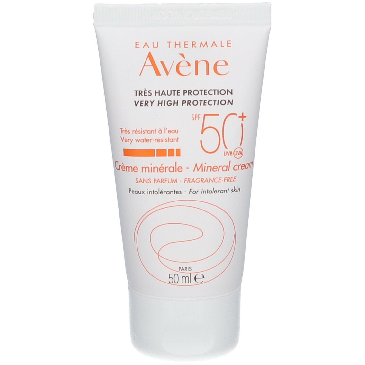 Tube blanc avec texte orange. Crème minérale SPF 50+. Très haute protection, très résistant à l'eau, sans parfum. 50 ml.