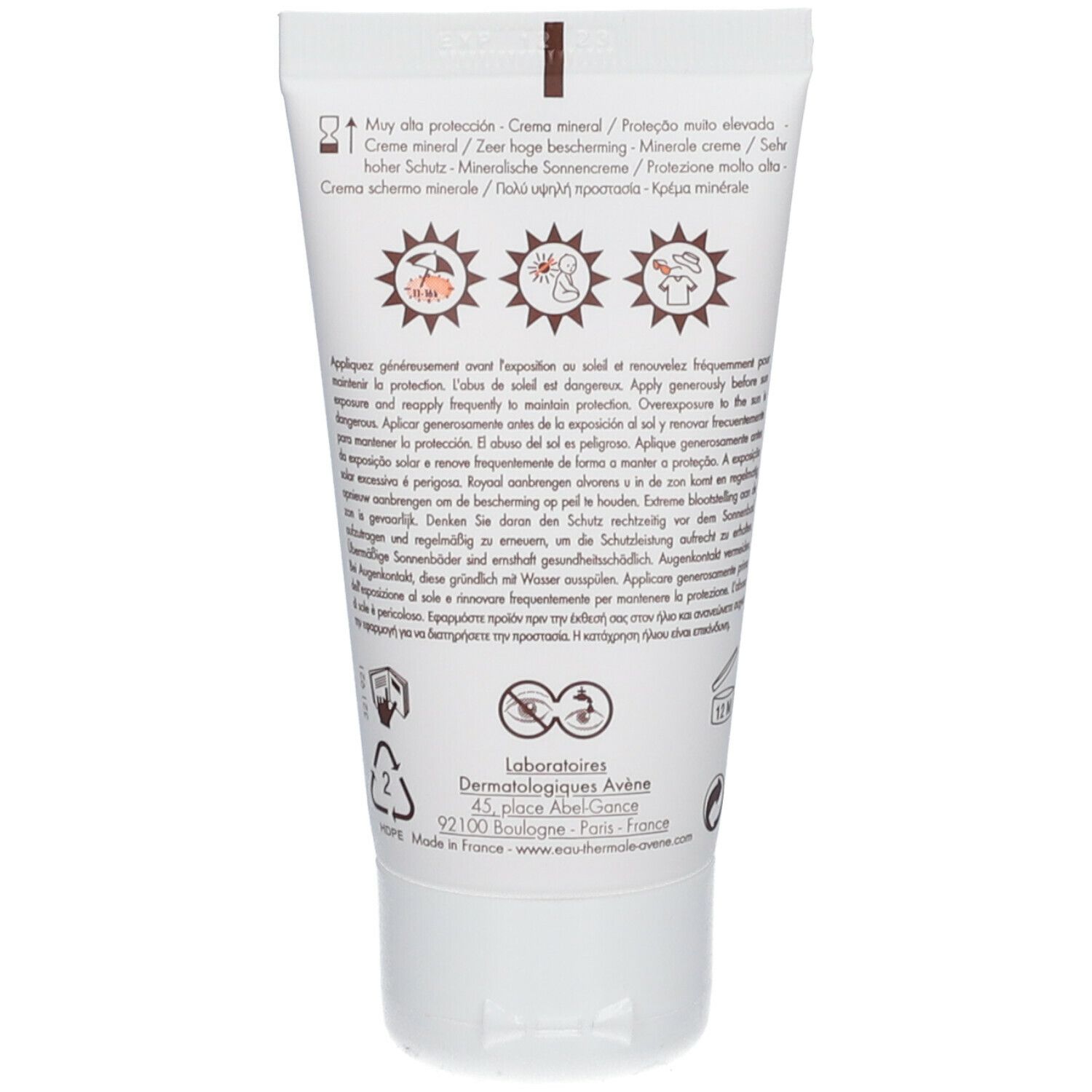 Dos du tube avec texte multilingue. Crème minérale SPF 50+. Instructions d'utilisation et ingrédients.