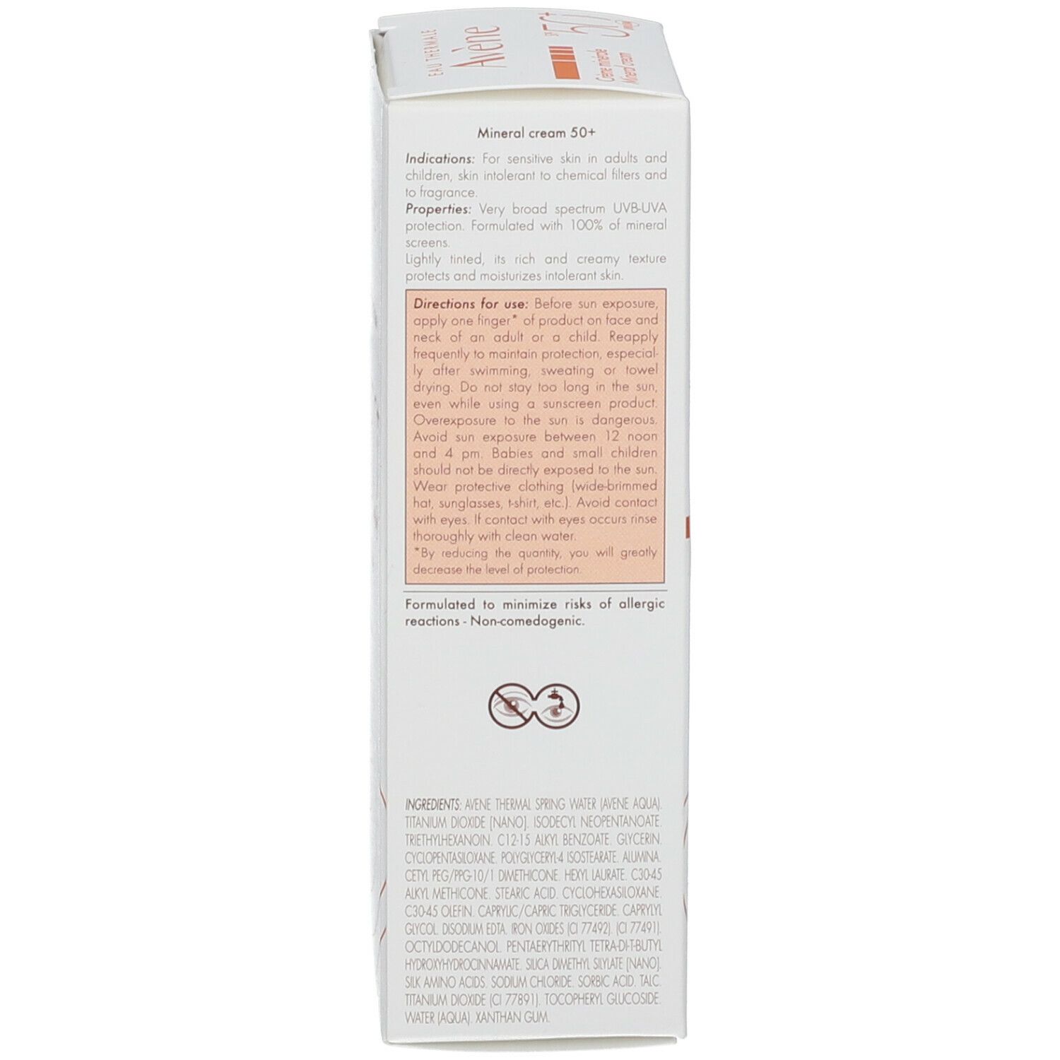 Dos de la boîte avec texte. Crème minérale SPF 50+. Informations sur l'utilisation, les ingrédients et le fabricant.
