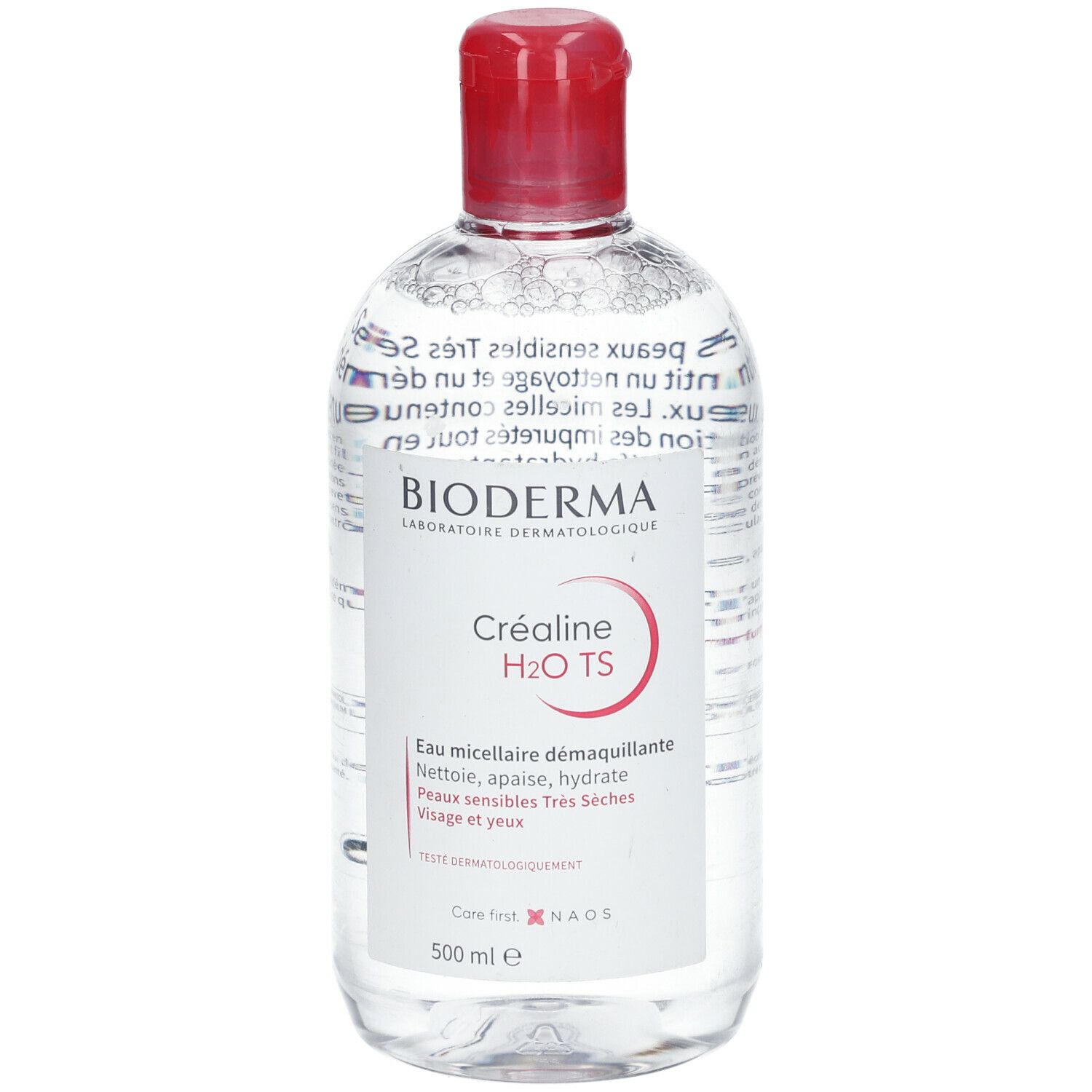 Klare Flasche mit rotem Deckel. Aufschrift: BIODERMA, Créaline H2O TS. Mizellenwasser für empfindliche Haut. 500 ml.
