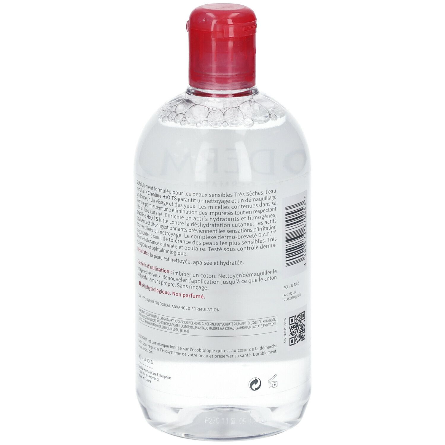 Rückseite einer transparenten Flasche mit rotem Deckel. Etikett mit Text. BIODERMA Créaline H2O TS. Anwendungshinweise.