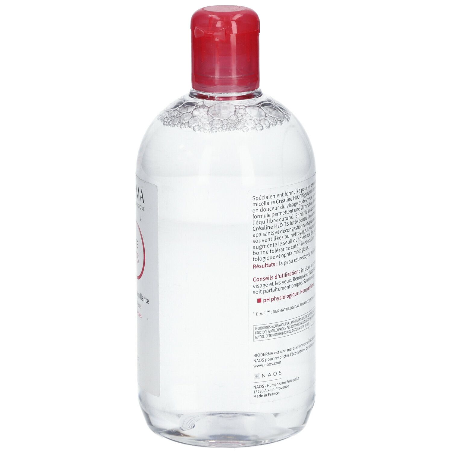 Rückseite einer transparenten Flasche mit rotem Deckel. Etikett mit Text. BIODERMA Créaline H2O TS. Anwendungshinweise.