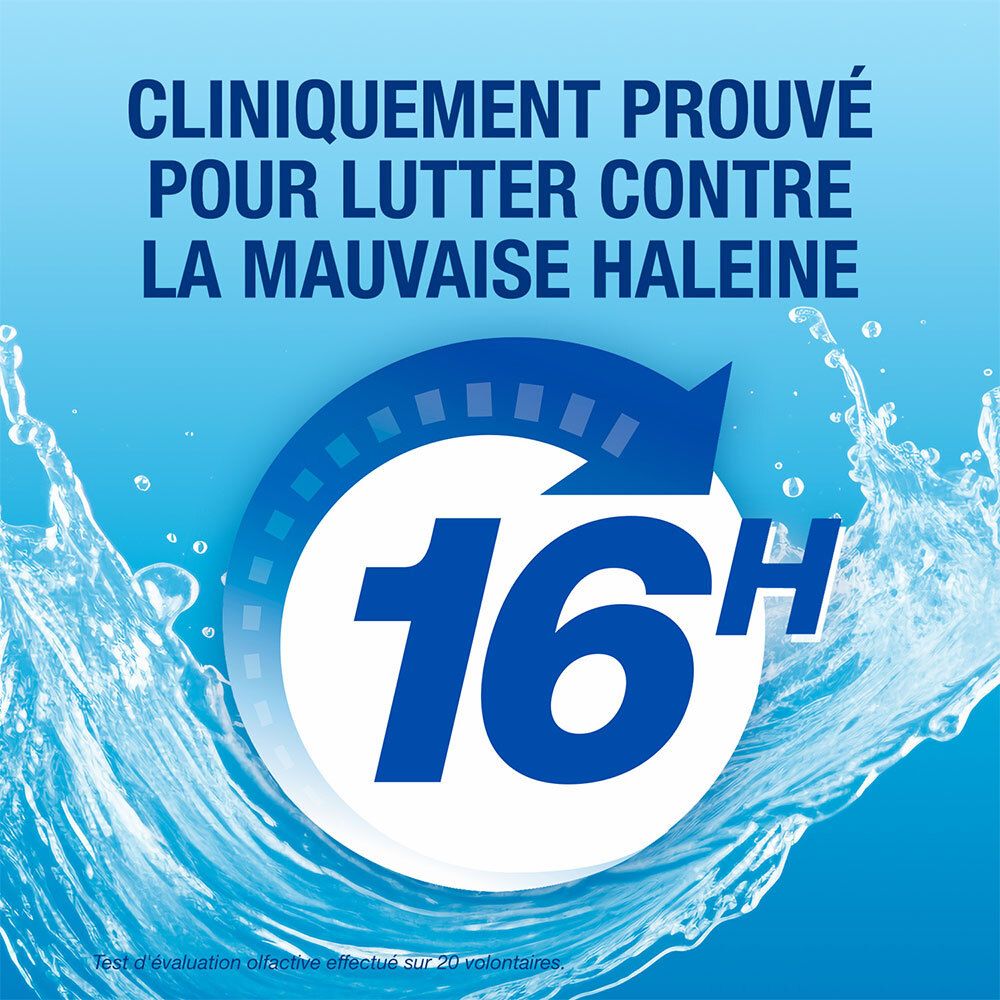 Bain de bouche CB12 : "Cliniquement prouvé pour lutter contre la mauvaise haleine" avec symbole 16h.
