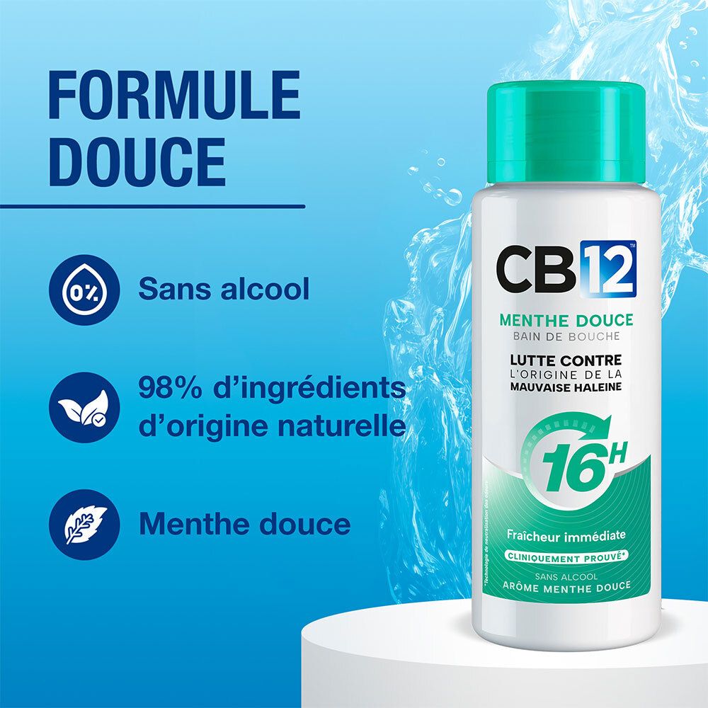 Bouteille de bain de bouche CB12. "Formule douce", "Sans alcool", "98% d'ingrédients naturels".
