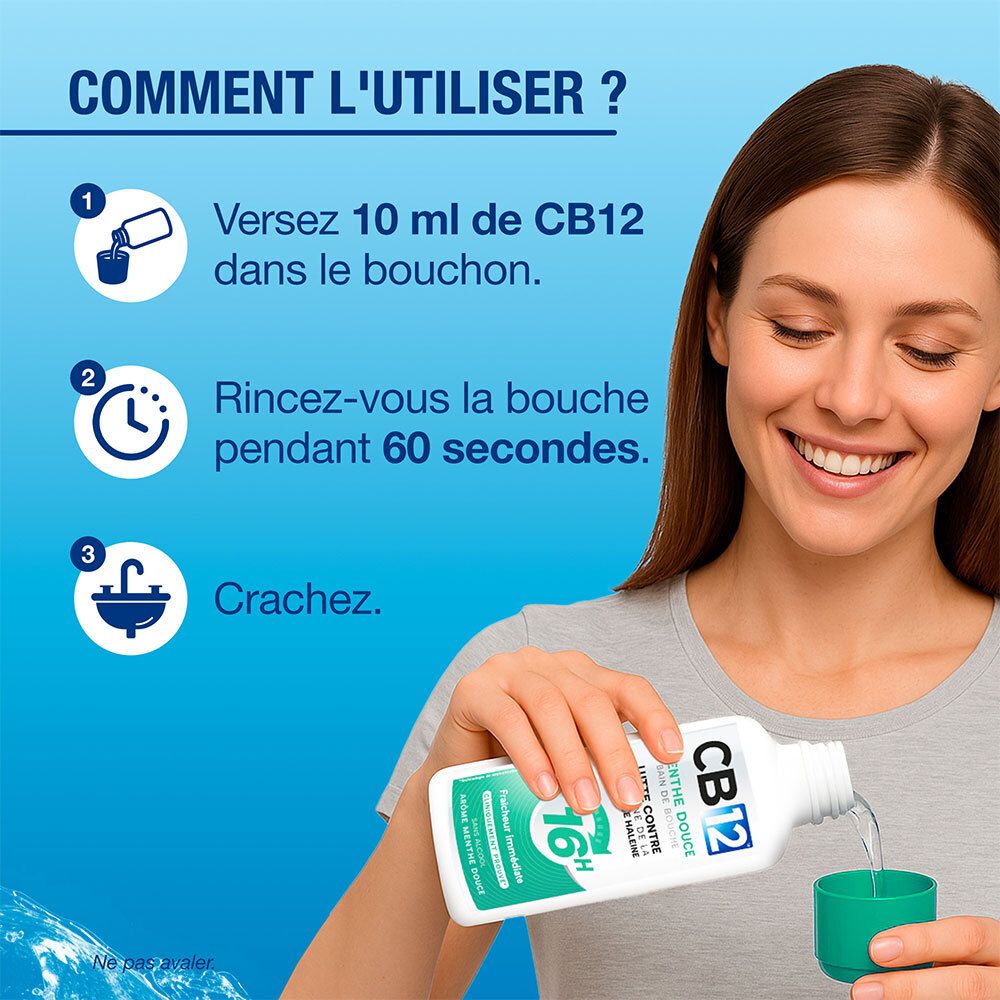 Femme versant du bain de bouche CB12 dans le bouchon. Instructions : 10 ml, rincer 60 secondes, cracher.