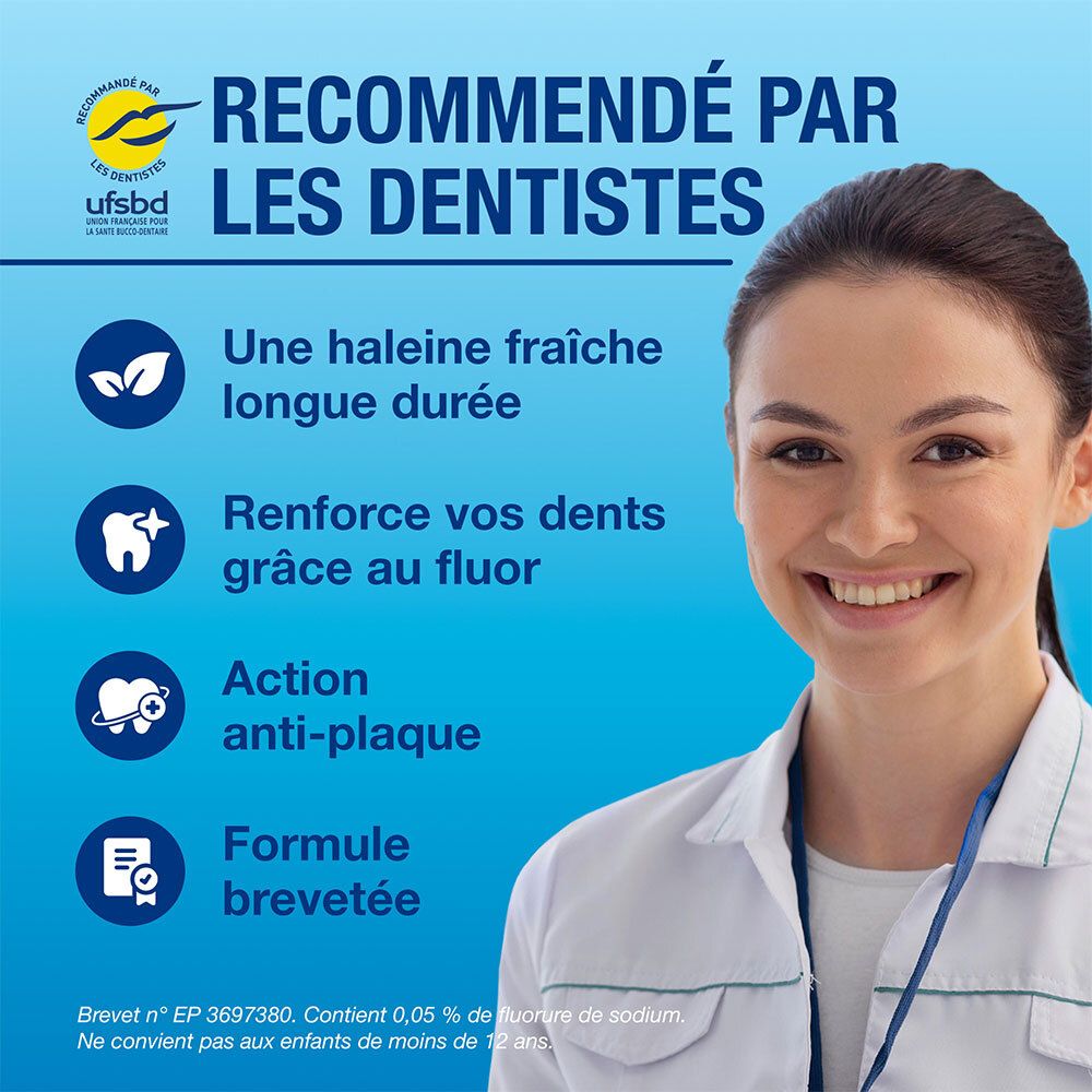 Dentiste souriante. CB12 recommandé par les dentistes : haleine fraîche, renforce les dents, anti-plaque.