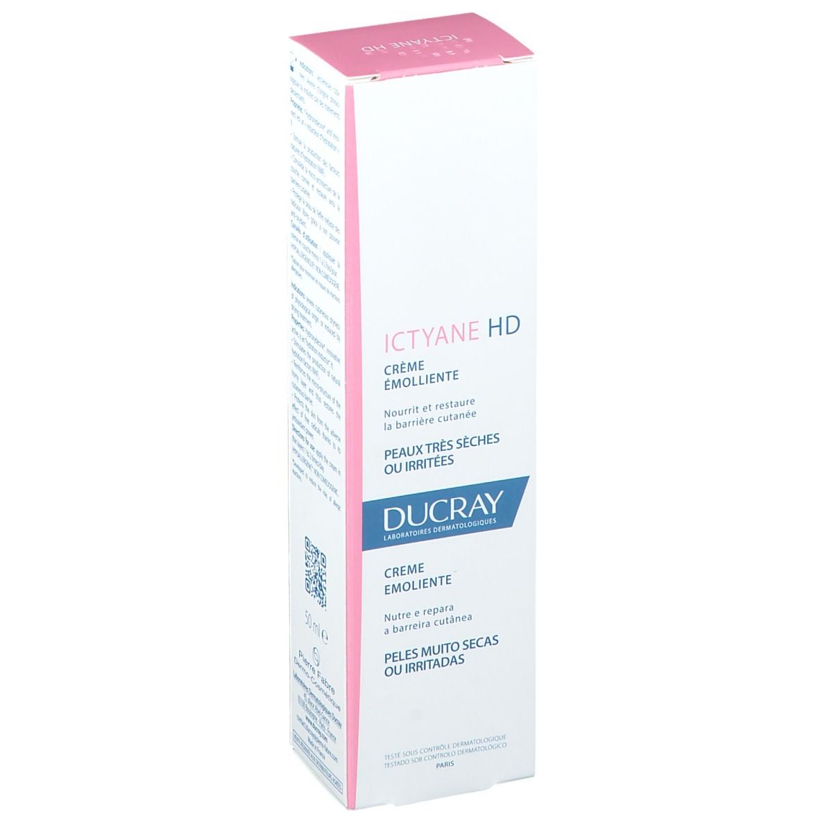 Ictyane HD Creme Emolliente Verpackung. Für sehr trockene oder irritierte Haut. Ducray. Rosa-weiße Schachtel.