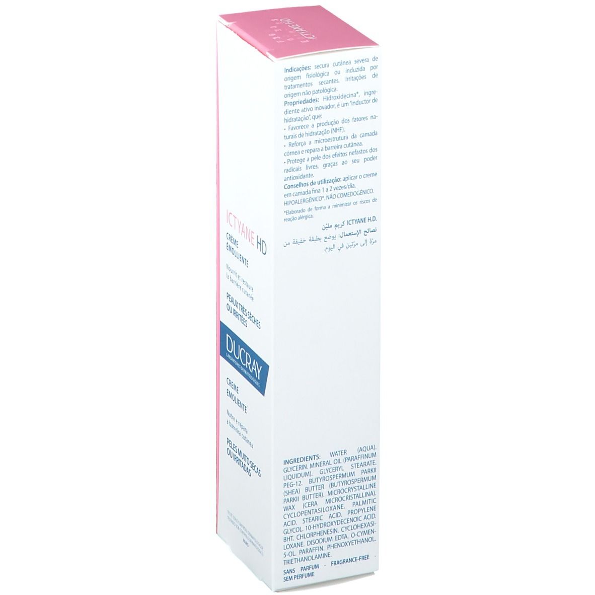 Ictyane HD Creme Emolliente Verpackung. Für sehr trockene oder irritierte Haut. Ducray. Rosa-weiße Schachtel.