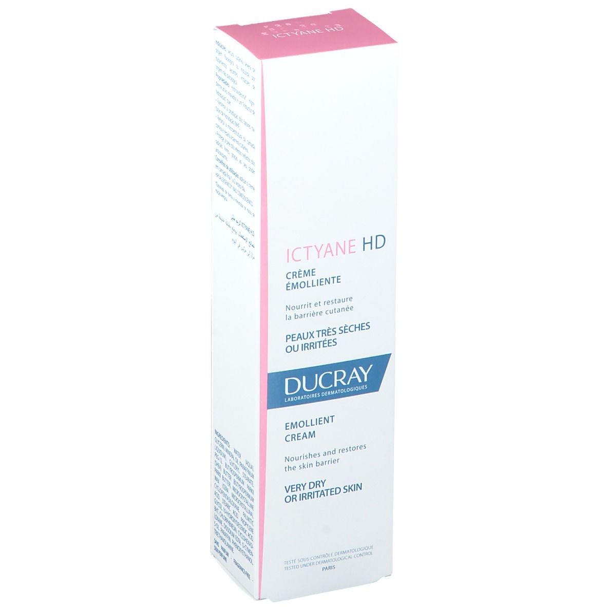 Ictyane HD Creme Emolliente Verpackung. Für sehr trockene oder irritierte Haut. Ducray. Rosa-weiße Schachtel.