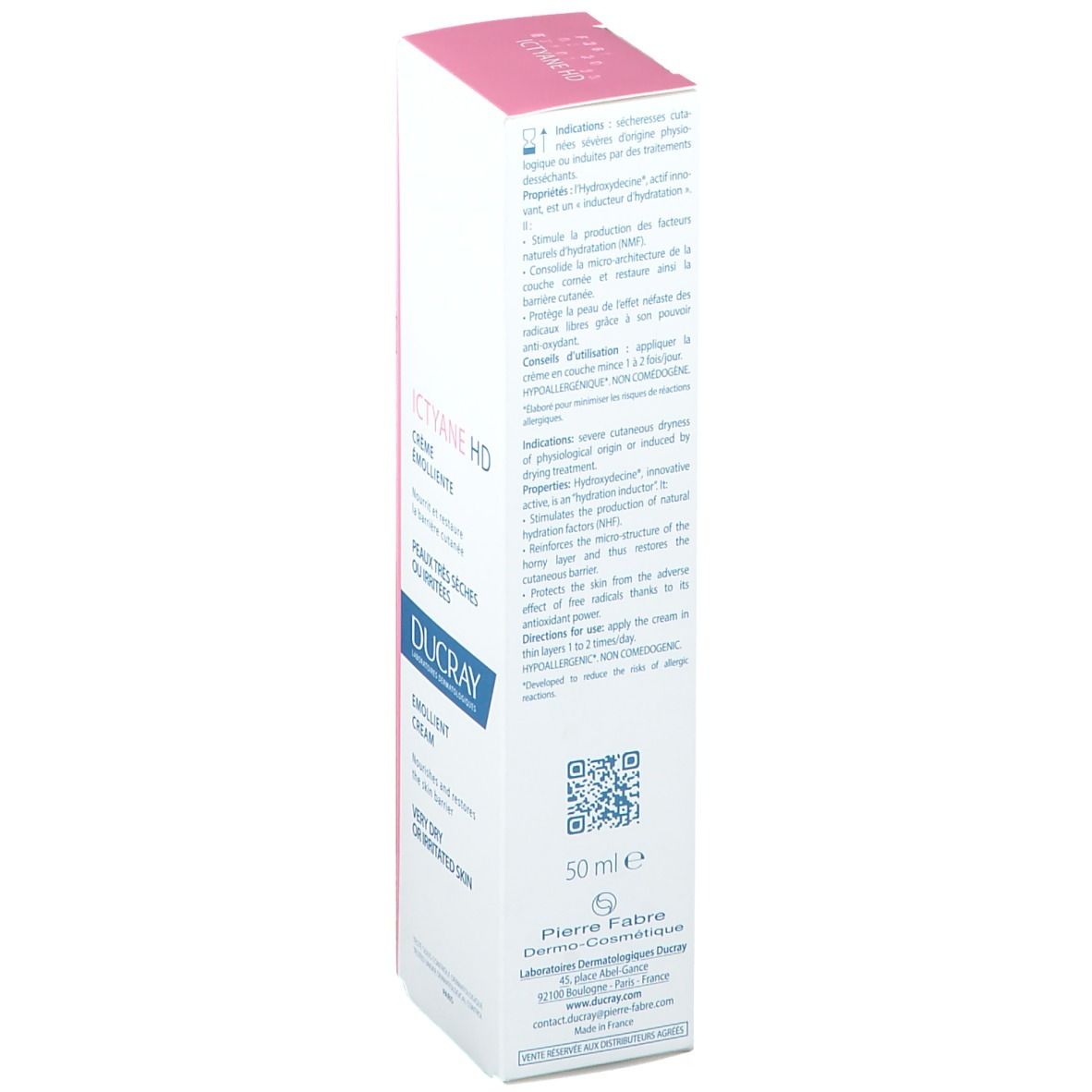 Ictyane HD Creme Emolliente Verpackung. Für sehr trockene oder irritierte Haut. Ducray. Rosa-weiße Schachtel.