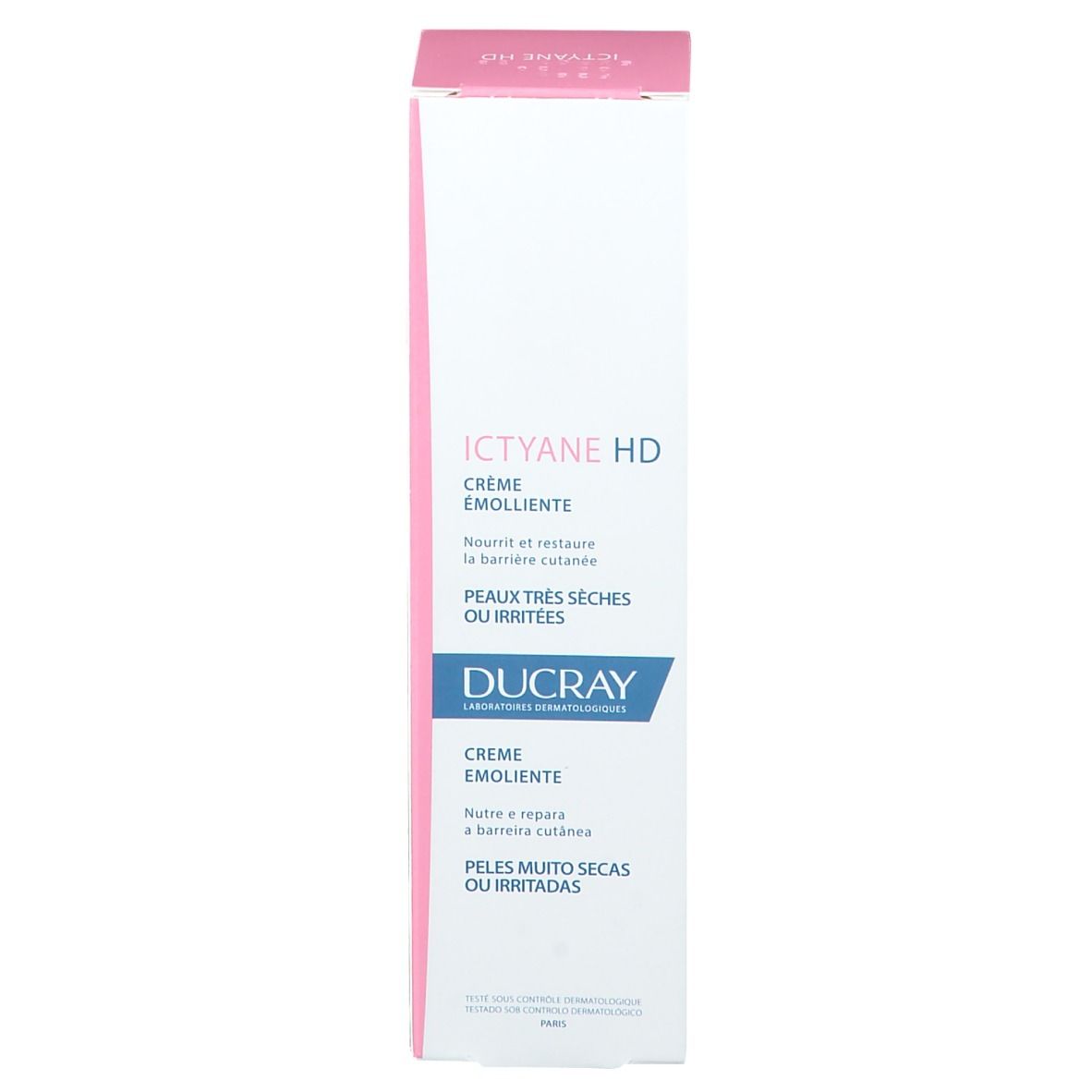 Ictyane HD Creme Emolliente Verpackung. Für sehr trockene oder irritierte Haut. Ducray. Rosa-weiße Schachtel.