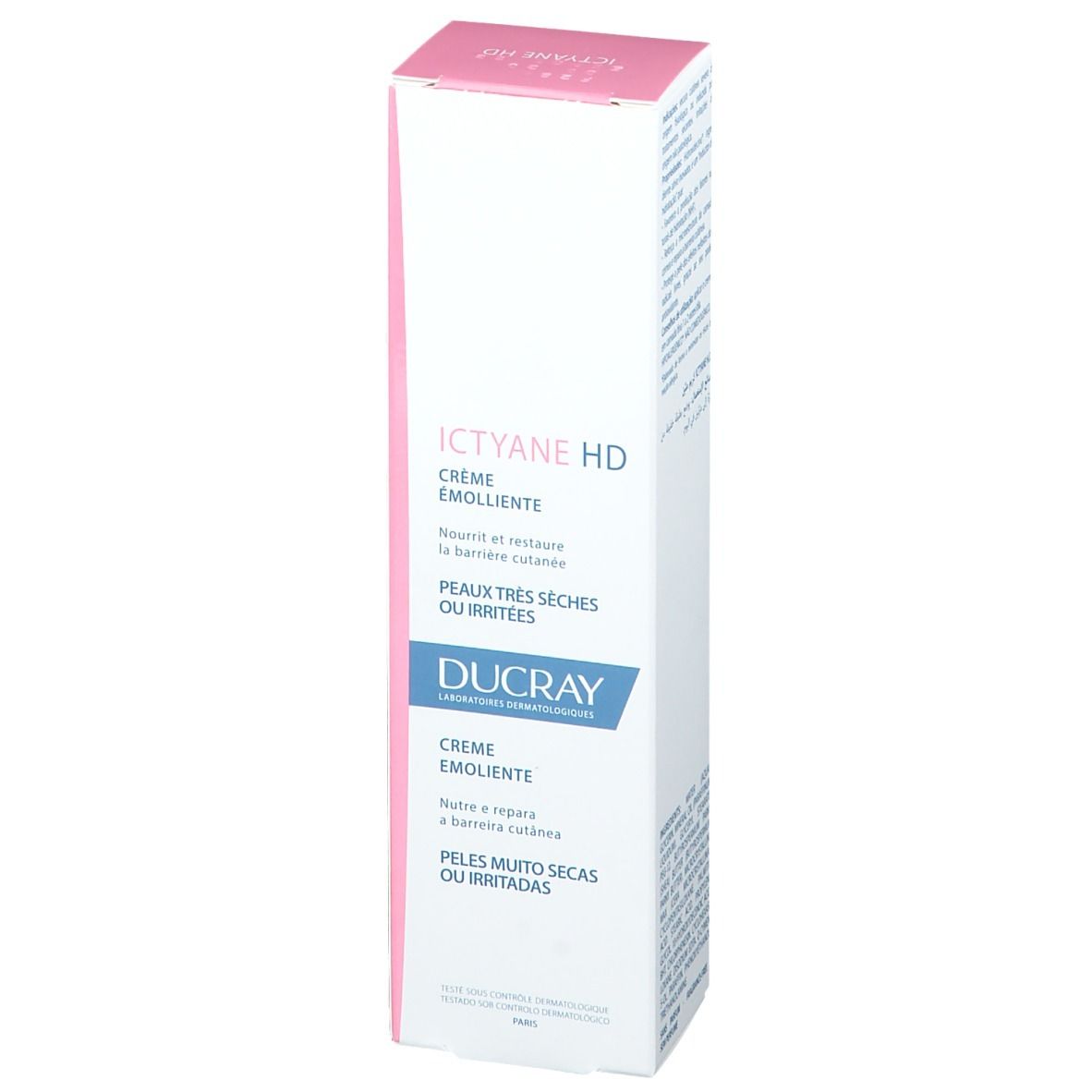 Ictyane HD Creme Emolliente Verpackung. Für sehr trockene oder irritierte Haut. Ducray. Rosa-weiße Schachtel.