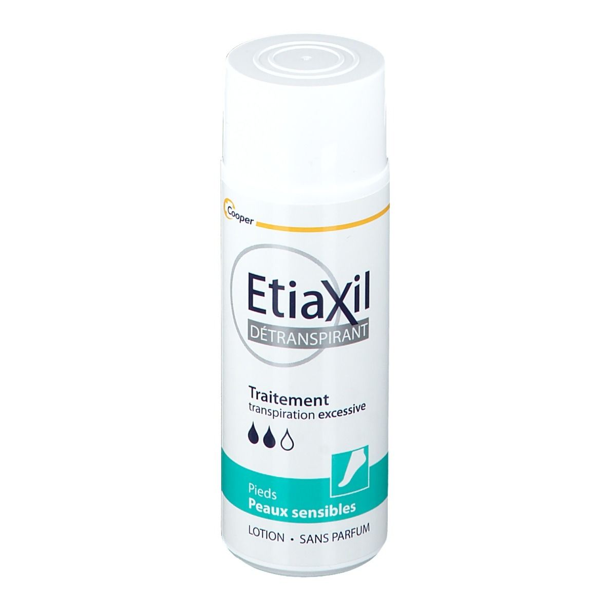 Flacon blanc Etiaxil. Détails: Traitement transpiration excessive, pieds, peaux sensibles, lotion sans parfum. Logo Cooper.