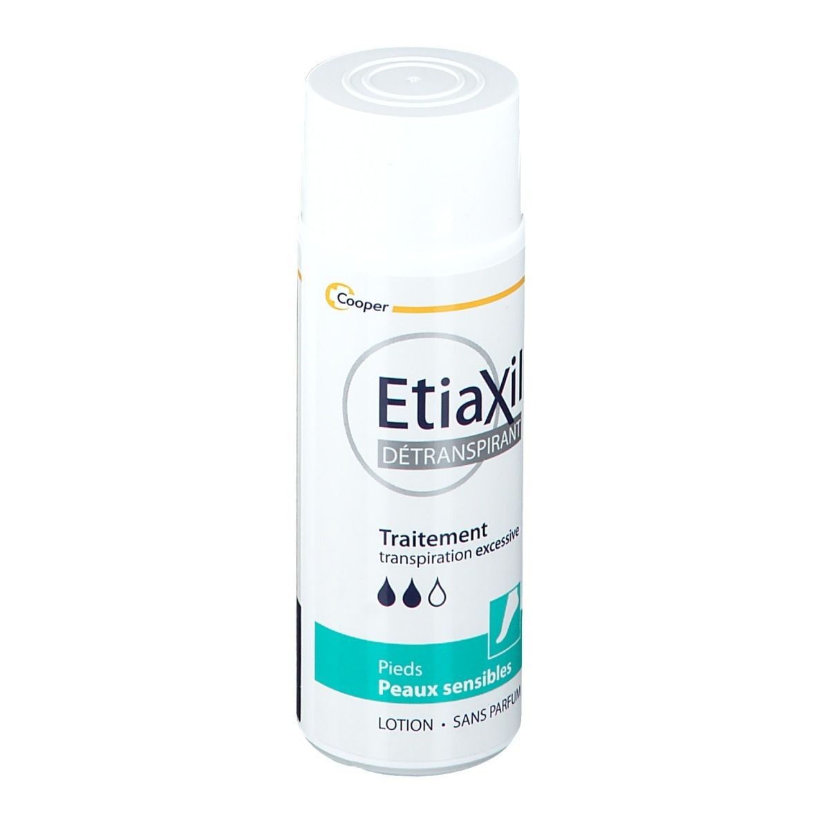 Flacon blanc Etiaxil. Détails: Traitement transpiration excessive. Logo et nom du produit.